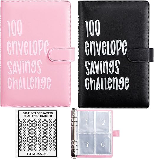 2PCS 100 Envelopes Money Saving Challenge, Envelopes Challenge Binder, Achieving Financial Goals with a Budget Binder and Cash Envelopes, Successfully Reach Your Savings Goals of $5,050 (Pink+Black)