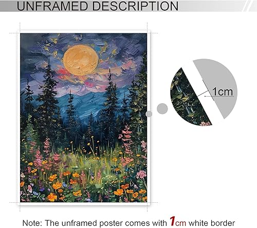 Miniatura 3 de Yuaruo Póster vintage de luna llena sobre las flores silvestres, lienzo místico de bosque de medianoche para pared, pintura al óleo retro de flores