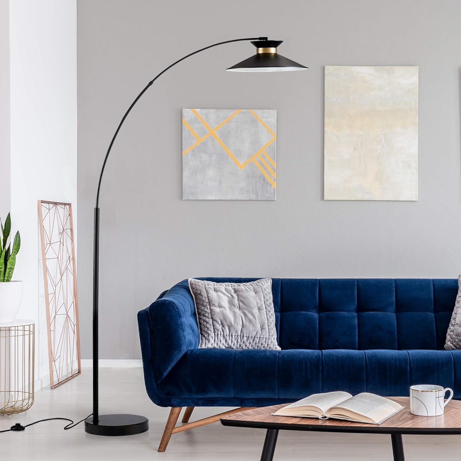 Bеѕt Quаlіtу 🔥 Ambiore Arc Floor Lamp with Complimentary Bulb Grace - Mid-Century Elegant Indoor Light Living Room and Bedroom - Standing Lamp Hanging Brass Ring Shade Marble Base Sits Behind Couch Corner - Black