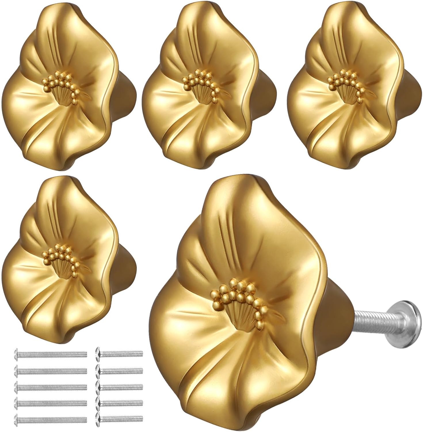 Zerodeko 5pcs Pearl Gold Floral Cabinet Knobs Flower Petal Door Handles for Kitchen Cabinets, Dresser Drawers, Wardrobe and Vanity Hardware Pulls