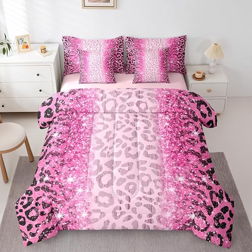 Feelyou Pink Glitter Leopard Comforter Set with Sheets 7 Piece Queen Size Leopar