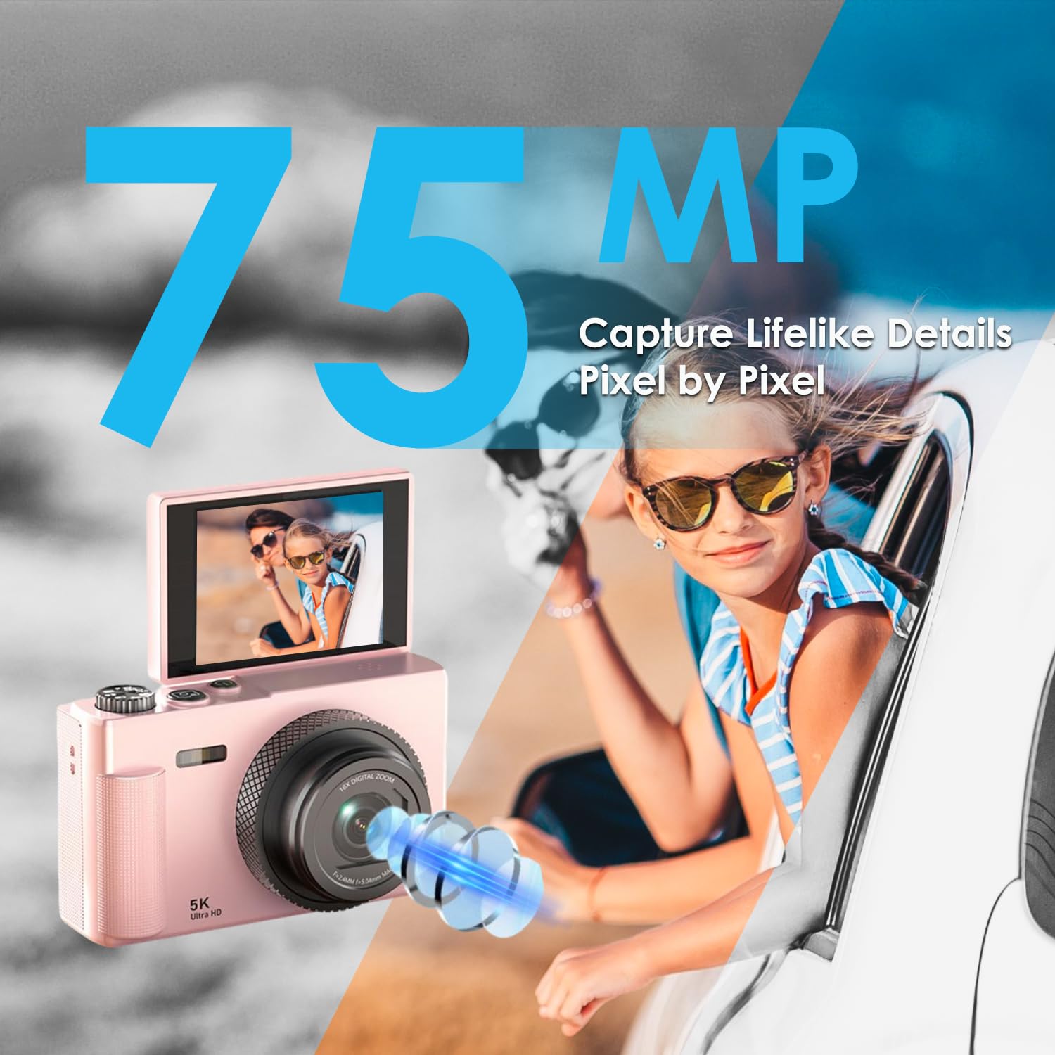 Appareil Photo Numérique UHD 5K 75MP avec Carte Micro SD 64 Go, Écran Rotatif 180° 2,83'', Zoom 18X, Anti-Shake, Compact (Rose)