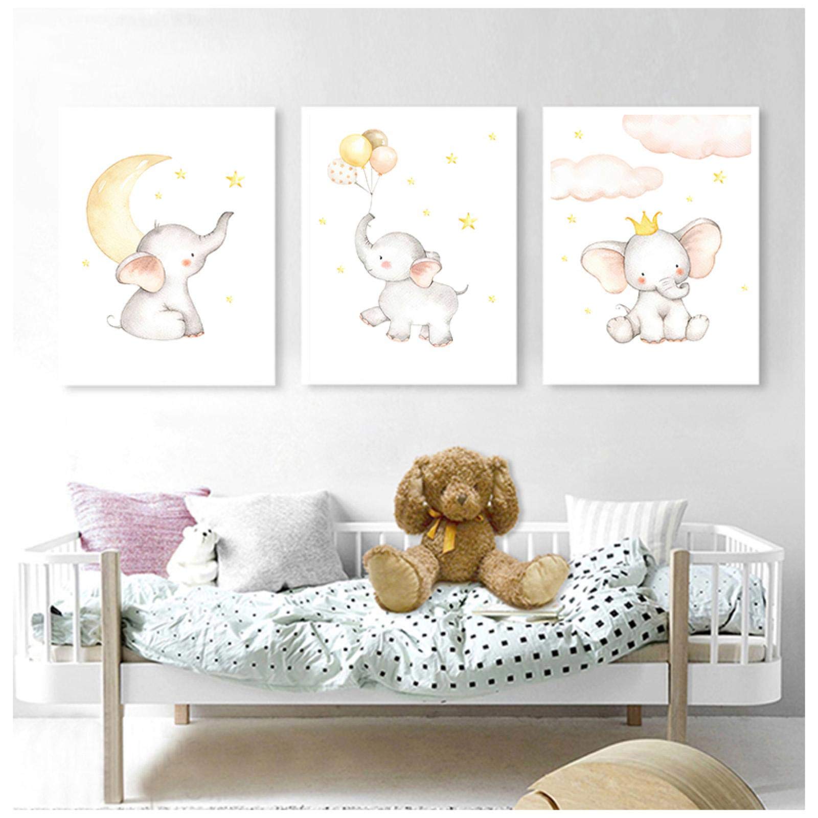 Arte de la pared Pintura Elefante Luna Estrella Bebé Animal Guardería Póster Niño Lienzo Impresión Simple Nórdico Niños Habitación Decoración Imagen 50x70cm (20x28in) x3 Sin marco