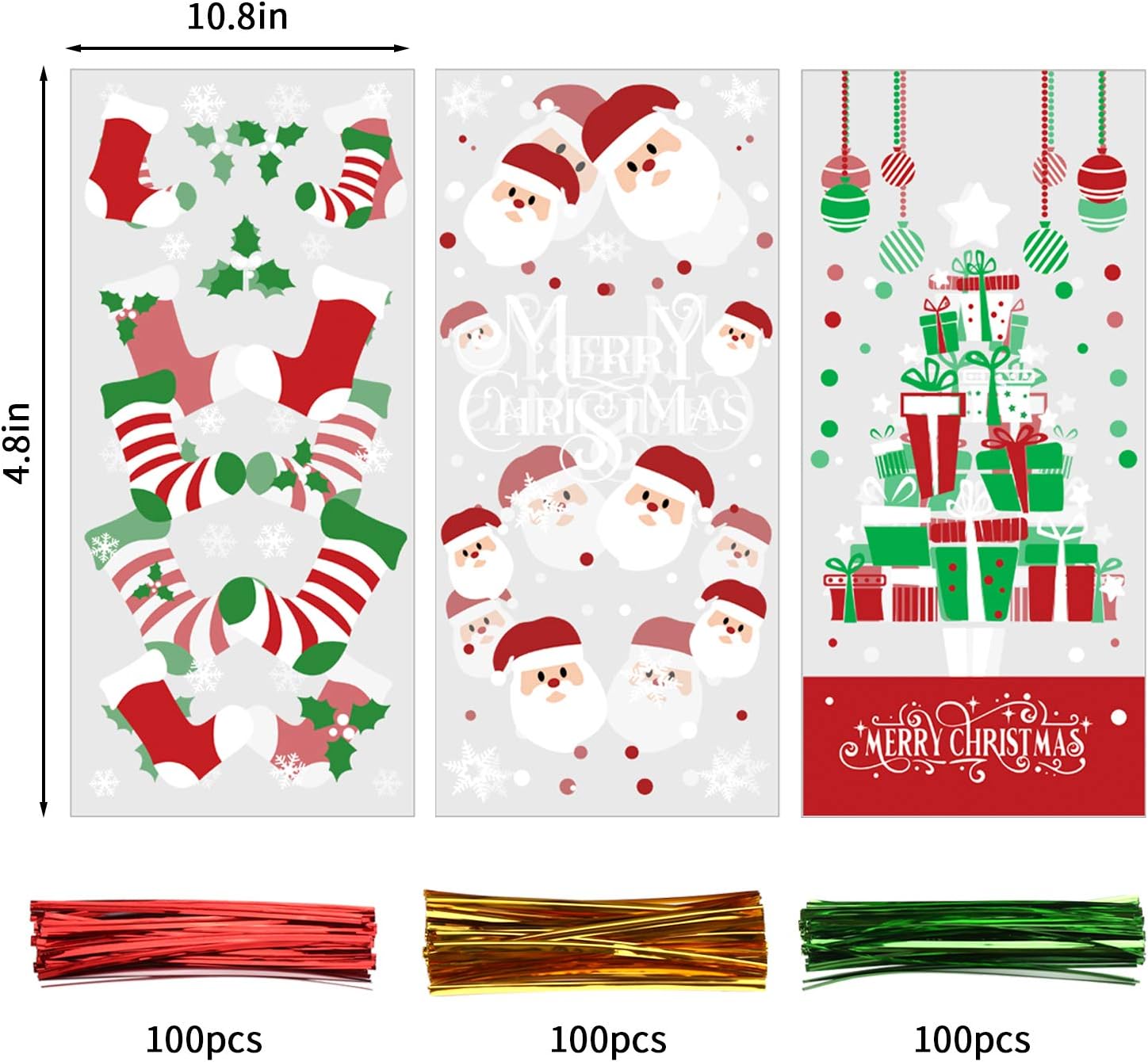 VEYLIN 120 Pieces Christmas Cellophane Bags Candy Bags with 150 Twist Ties for Christmas Party Supply, Red, Green - Image 3