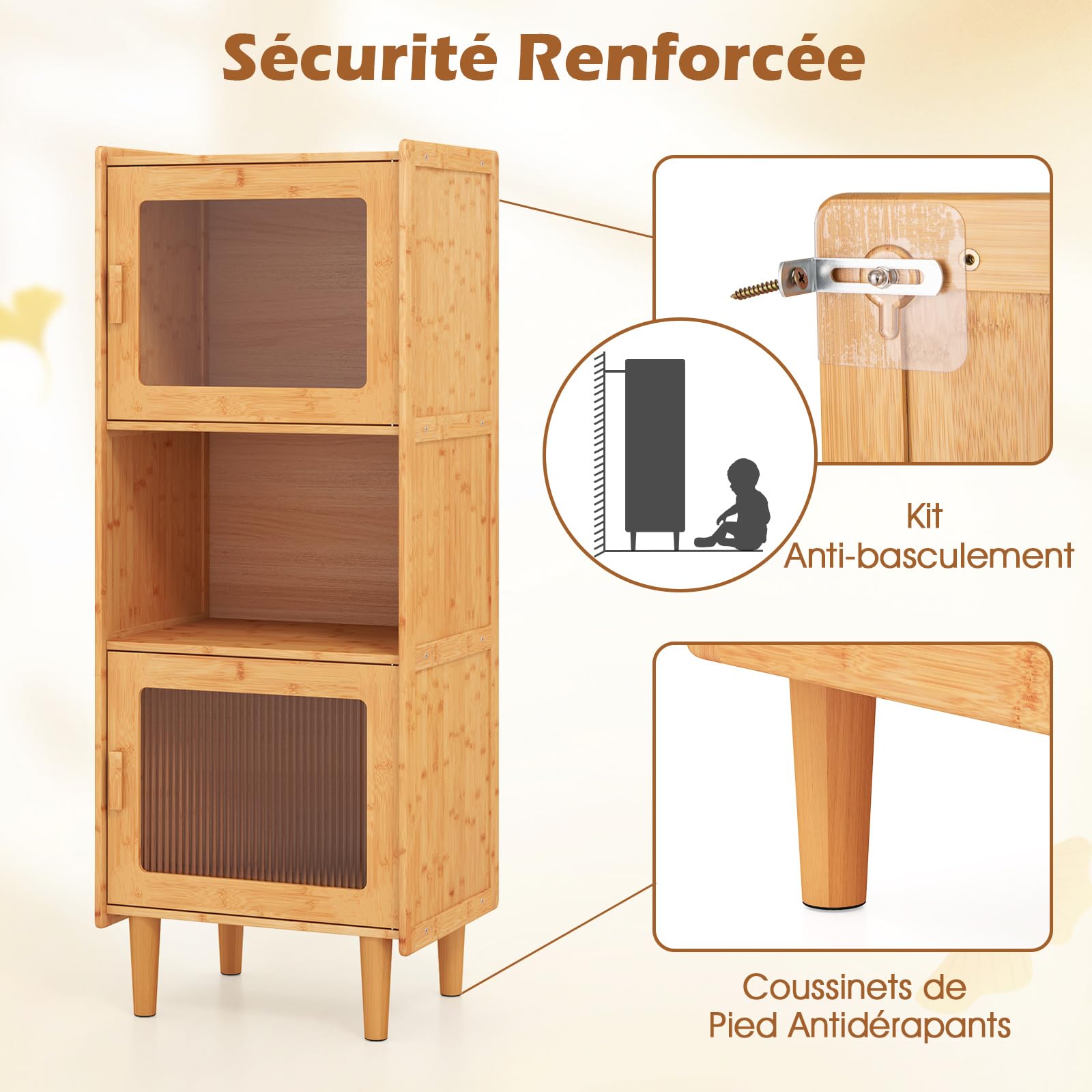 COSTWAY Buffet Vitrine 3 Compartiments, Armoire Cuisine Bambou Naturel, 49,5 x 40 x 130 cm, Porte Magnétique, Vaisselier Colonne Cuisine, Bibliothèque Salon