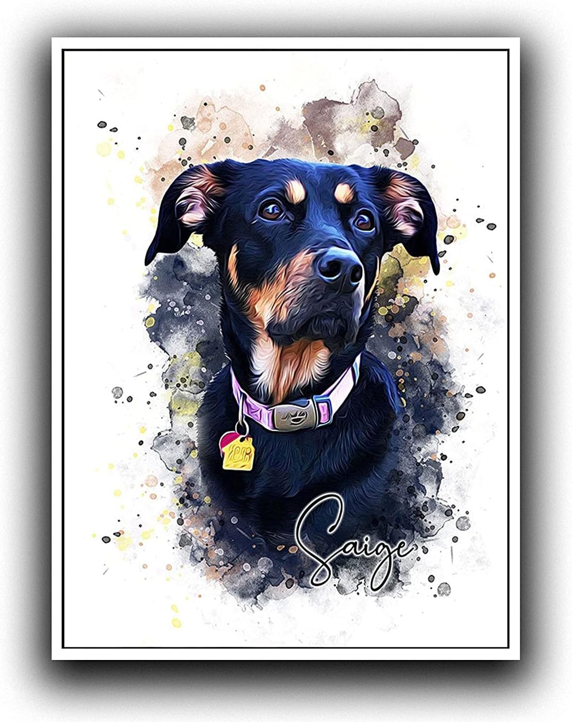 Custom Dog/Cat Portrait Watercolor Painting Framed Canvas Prints with Your Photos Wall Art for Home Decoration, Personalized Memorial Gift for Pet Lovers Dog Moms (12x16 inches, White Frame)