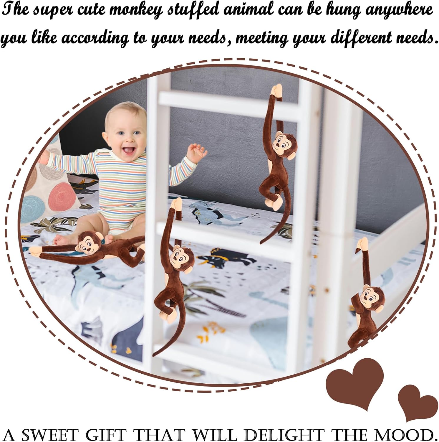 zhidiloveyou 4PCS Hanging Monkey Stuffed Animals Plush Cute Brown Monkey Toy for Kids, 27.6"