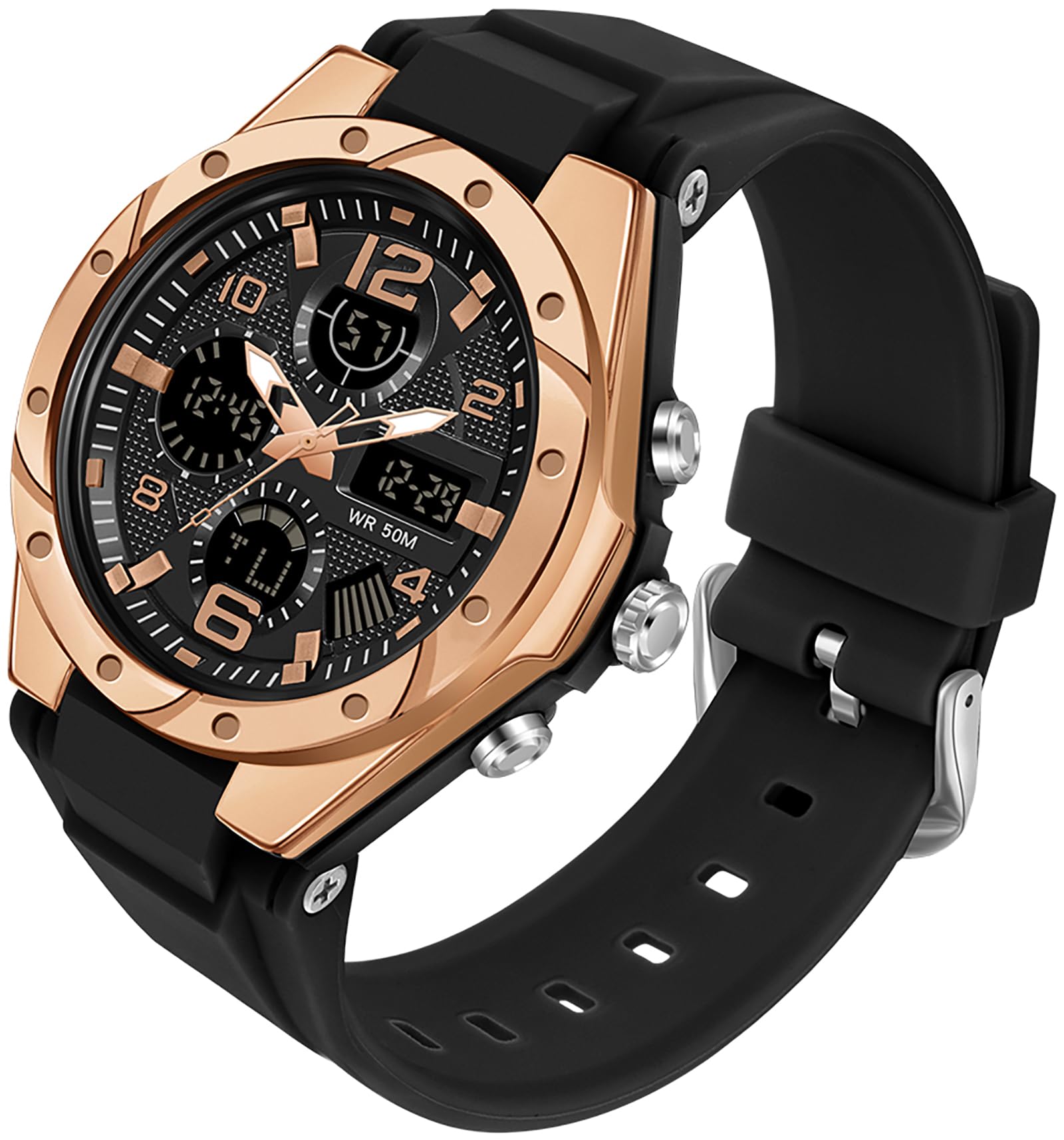 Photo 1 of ***DAMAGED STRAP*** findtime Watches for Women Digital and Analog Sports Military Outdoor Waterproof Watch for Ladies with Stopwatch Alarm Dual Time Display Rosegold