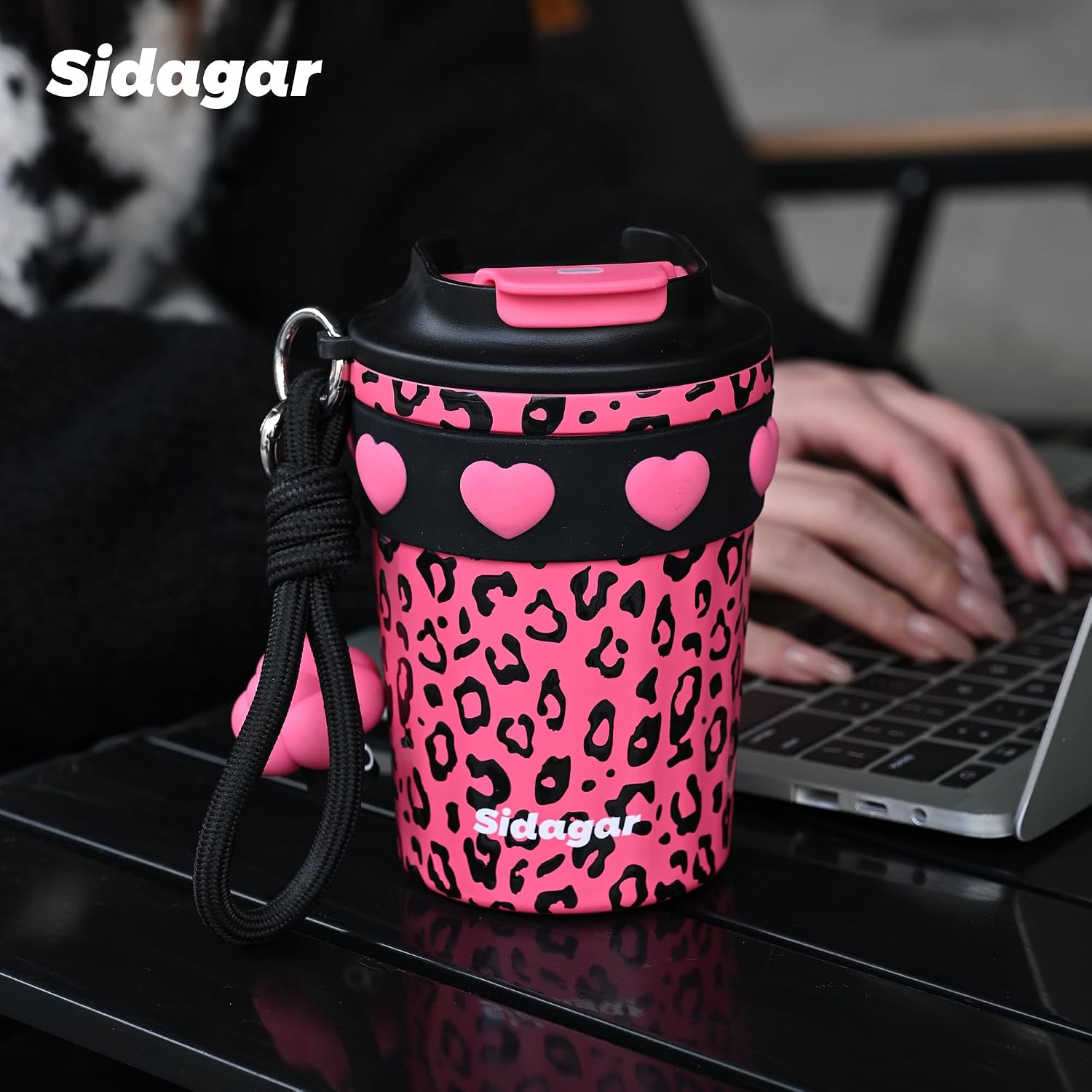 SDGA+ 12 oz Travel Coffee Mug Spill Proof Leak Proof, Stainless Steel Thermal Coffee Cup with Lid, Resuable Cup for Hot and Cold, Portable Tumbler for Women, Pink Leopard image 4
