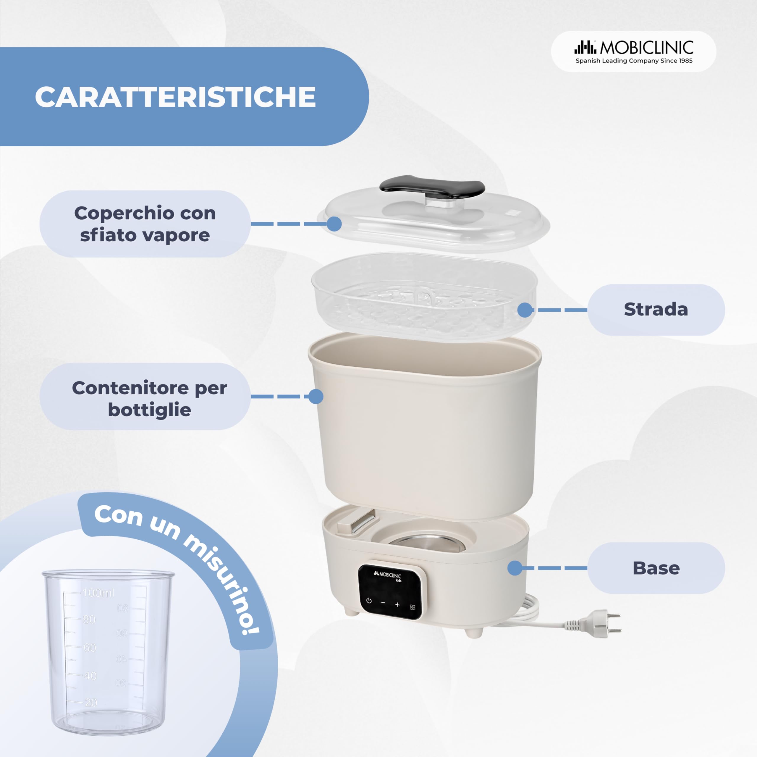 Mobiclinic®, Sterilizzatore Biberon, 4 in 1, Fino a 6 Bottiglie, Asciuga, Mantiene la Temperatura, Modalità Automatica, Ciucci e Tiralatte, Schermo LCD, Compatto, Mobibi
