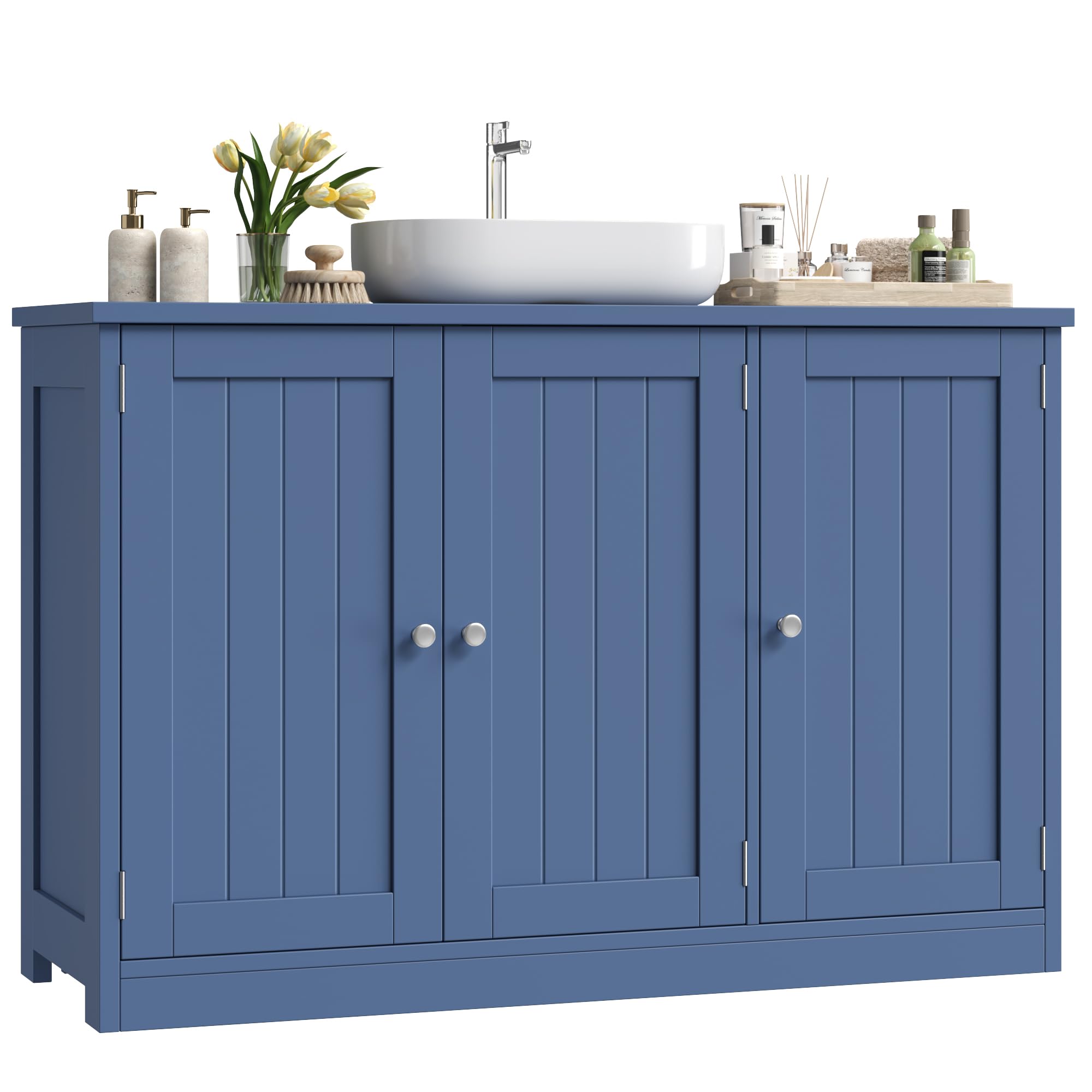 FOREHILL Waschbeckenunterschrank 90cm breit Badezimmer Unterschrank | Badezimmerschrank mit 3 Türen, verstellbarem Regal, 90x30x61,8cm