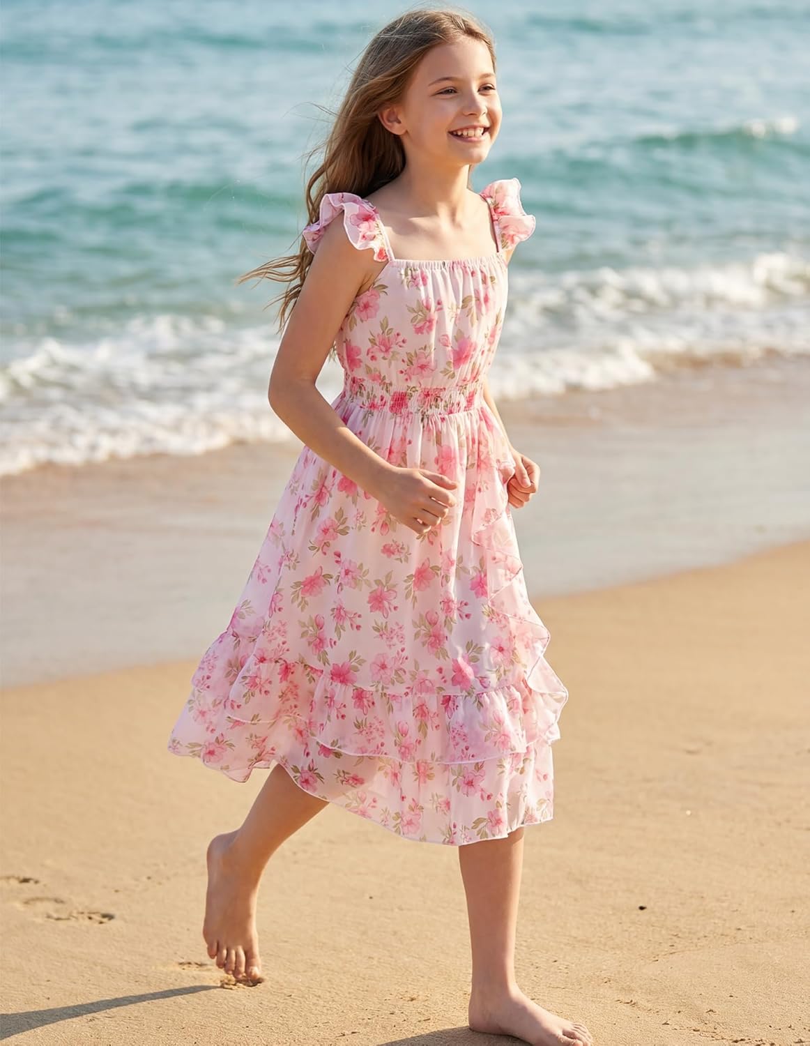 GRACE KARIN Girls Flutter Sleeve Smocked Floral Dresses, Kids Easter Spring Summer Dress, Teen Hawaiian Maxi Long Dresses - Image 6