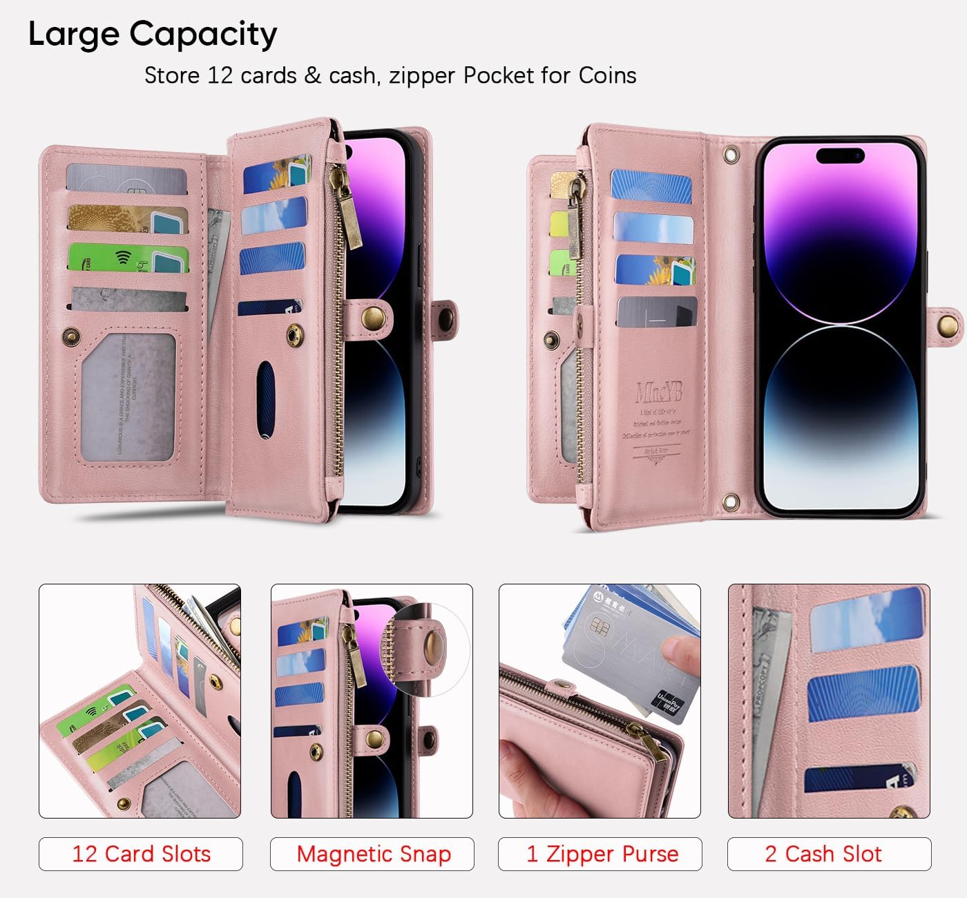 MInCYB for iPhone 14 Pro Max Wallet Case – Detachable Magnetic Wallet with RFID Blocking, PU Leather Zipper & Strap for Women Men Blue