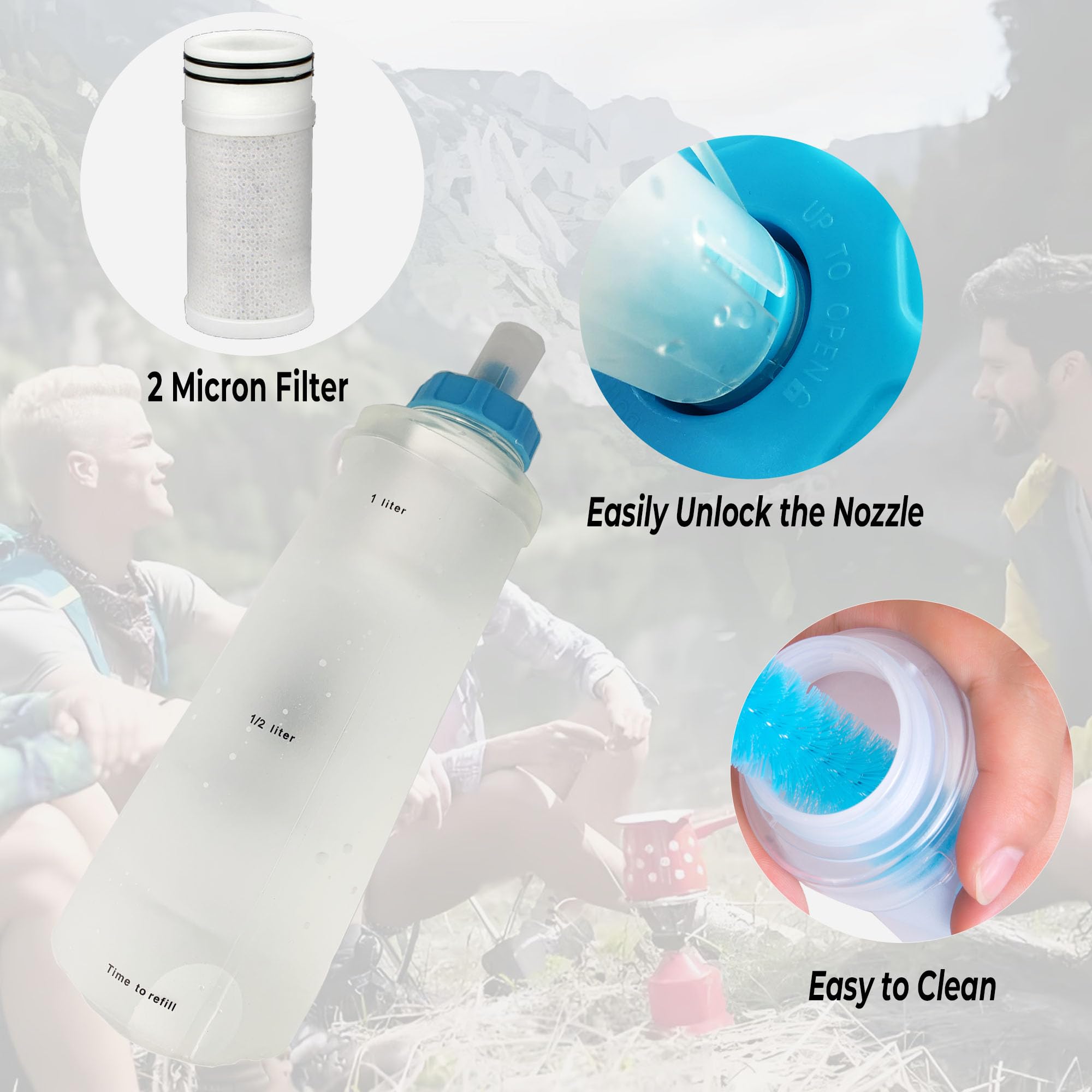 Gourde souple pliable avec filtre - Bouteille d'eau légère - 1 litre - Pour la course à pied, la randonnée, les voyages, le cyclisme et la pêche - Sans BPA (blanc transparent)