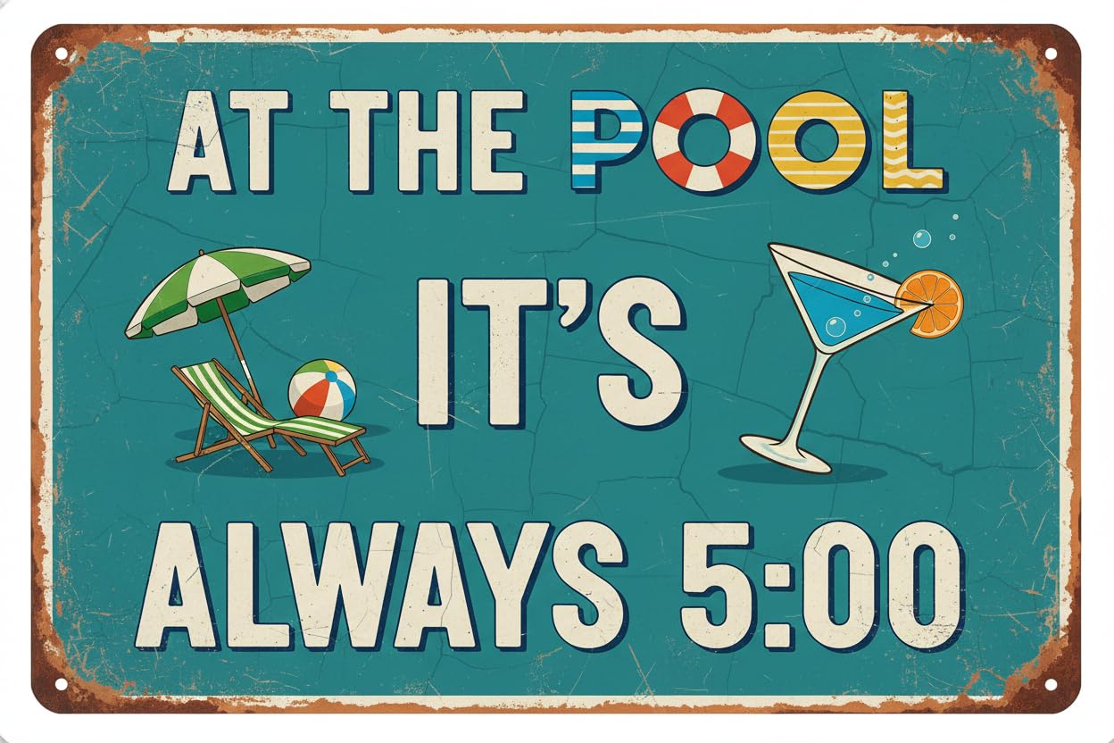 Pool Rules Always 500 Tin Sign, 12x8 Inch Swimming