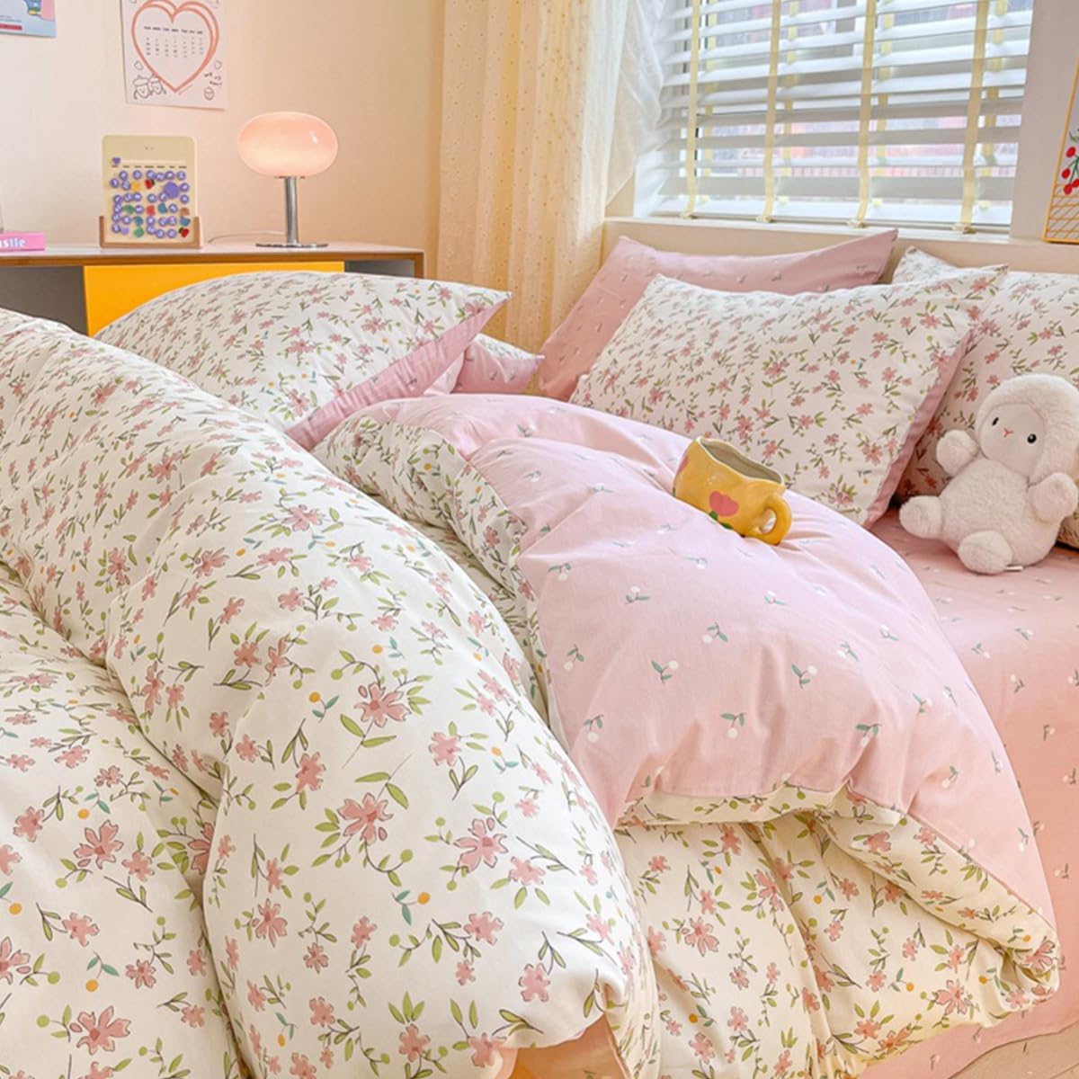 Pink Comforter Set Queen Size,3 Pieces Pink White Floral Bedding Comforter Sets for Girls Kids Garden Style,Cozy Breathable Microfiber Comforter and 2 Pillowcases