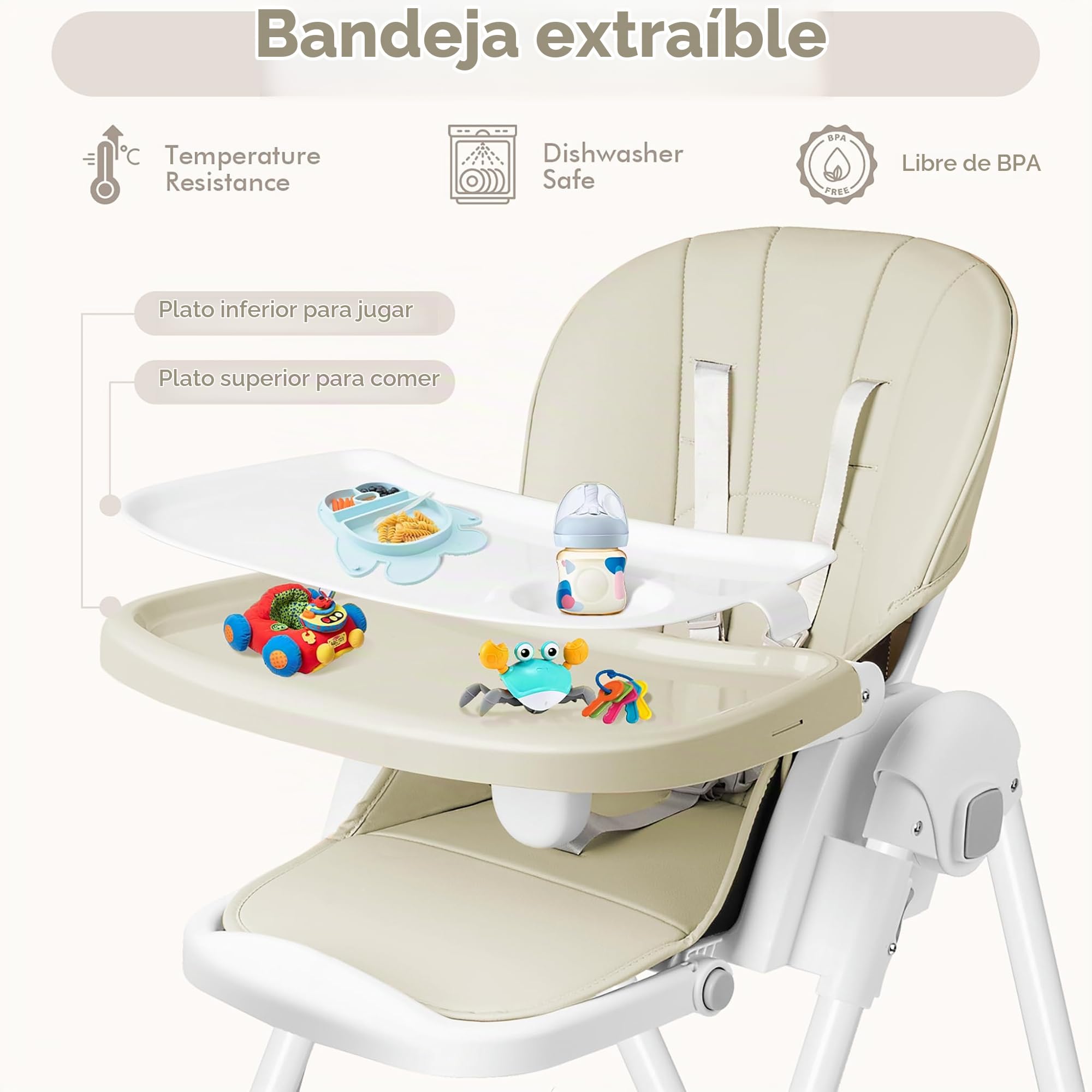 ACXIN Trona plegable para bebé, silla de comedor infantil ajustable en altura con bandeja de doble capa y cinturón de seguridad, trona portátil con función reclinable para el hogar y al aire libre,