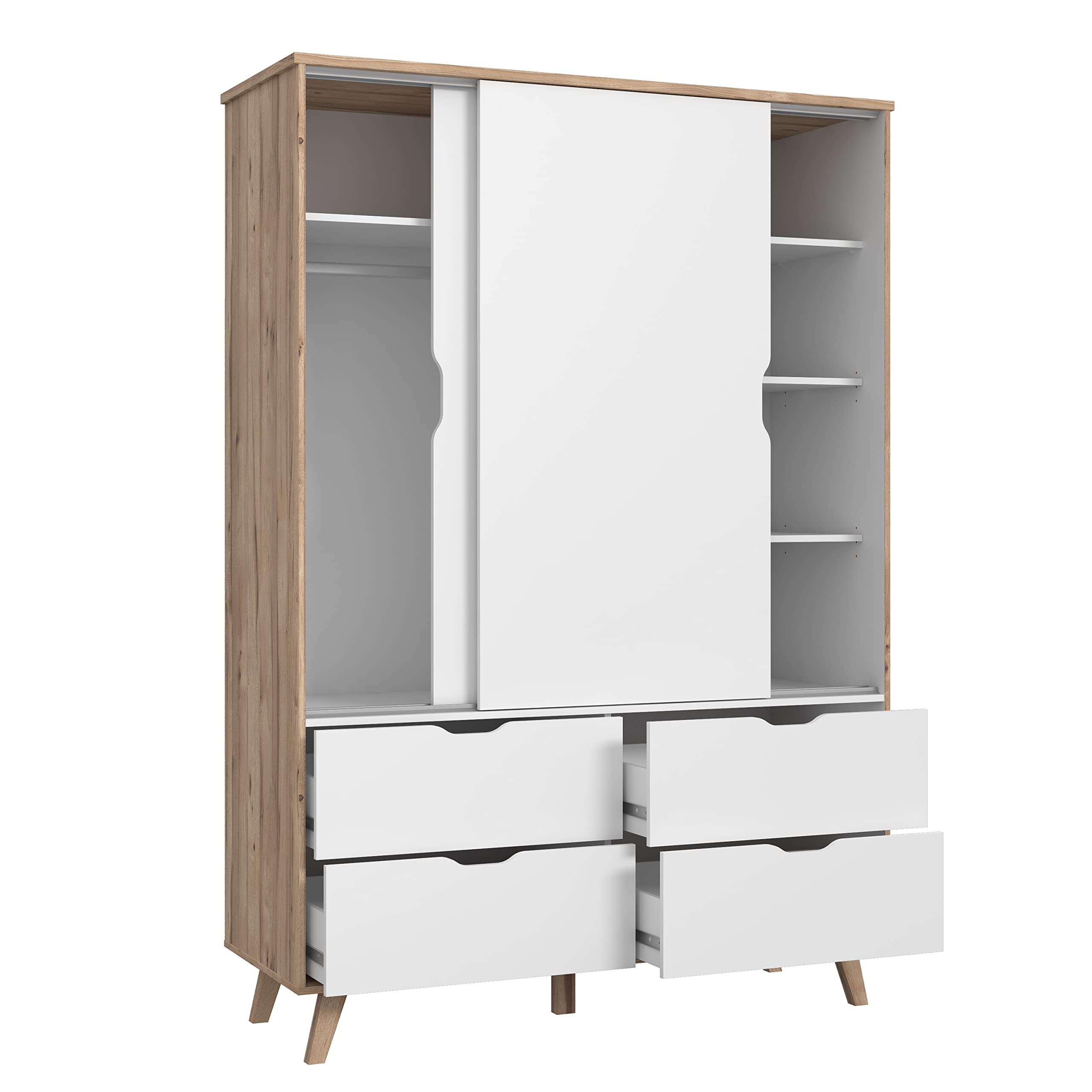 FORTE VANKKA Schrank 140 Kleiderschrank Schiebetüren Skandinavischer Stil 2-türig mit 4 Schubladen Schlaf- oder Kinderzimmer Holzdekor: Eiche mit Weiß 139 cm breit x 201.5 cm hoch x 53 cm tief