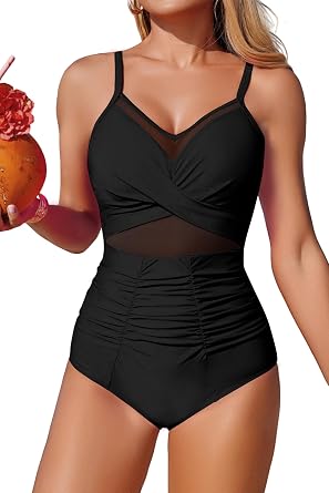 Sexy One Piece Swimsuit for Women Mesh Tummy Control Bathing Suit Modest Full Coverage Slimming Ruched Swimwear 2026