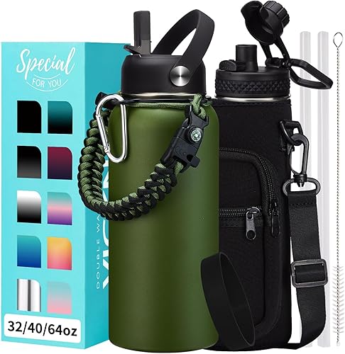 Botellas de agua de 32 onzas aisladas con tapa de popote y pico, asa de paracaídas, bolsa de transporte con correa, botella térmica de boca ancha de