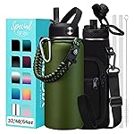 32 oz Water Bottles Insulated with Straw & Chug Lid, Paracord Handle, Strap Carry Bag, Triple Wall Stainless Steel Wide Mouth Thermal Flask for Men Women Gym Outdoor Fitness Sports Hiking, Army Green