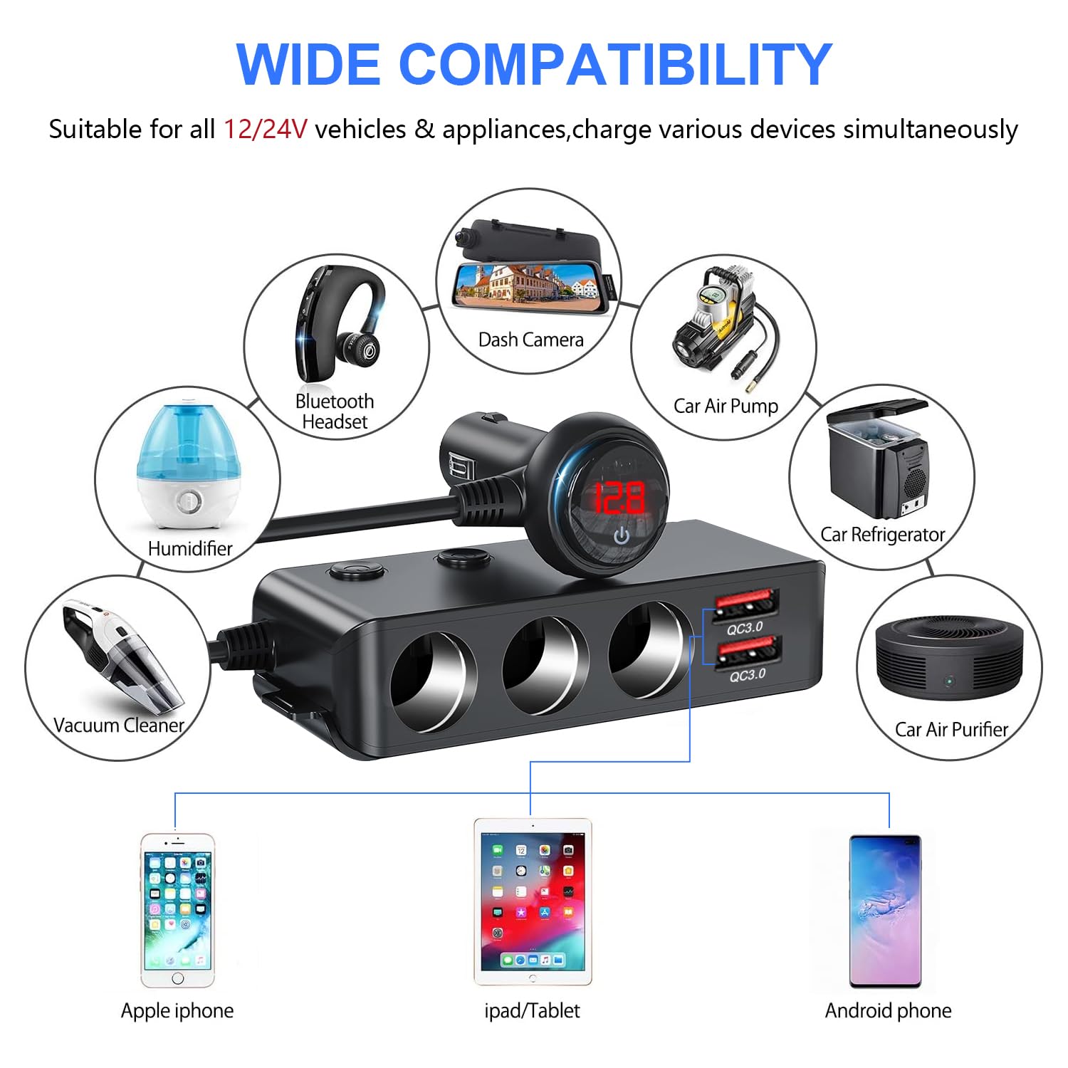 OOWOLF Rozdzielacz zapalniczki samochodowej adapter ładowarki – QC 3.0 Auto potrójny 180 W 12 V/24 V rozdzielacz samochodowy gniazdo z woltomierzem (Czarny - z przełącznikiem zasilania)