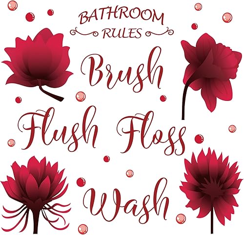 Juego de calcomanías de pared de baño, cepillo de lavado, hilo dental, reglas de baño, decoración de pared, impermeable, letrero de flores, adhesivo