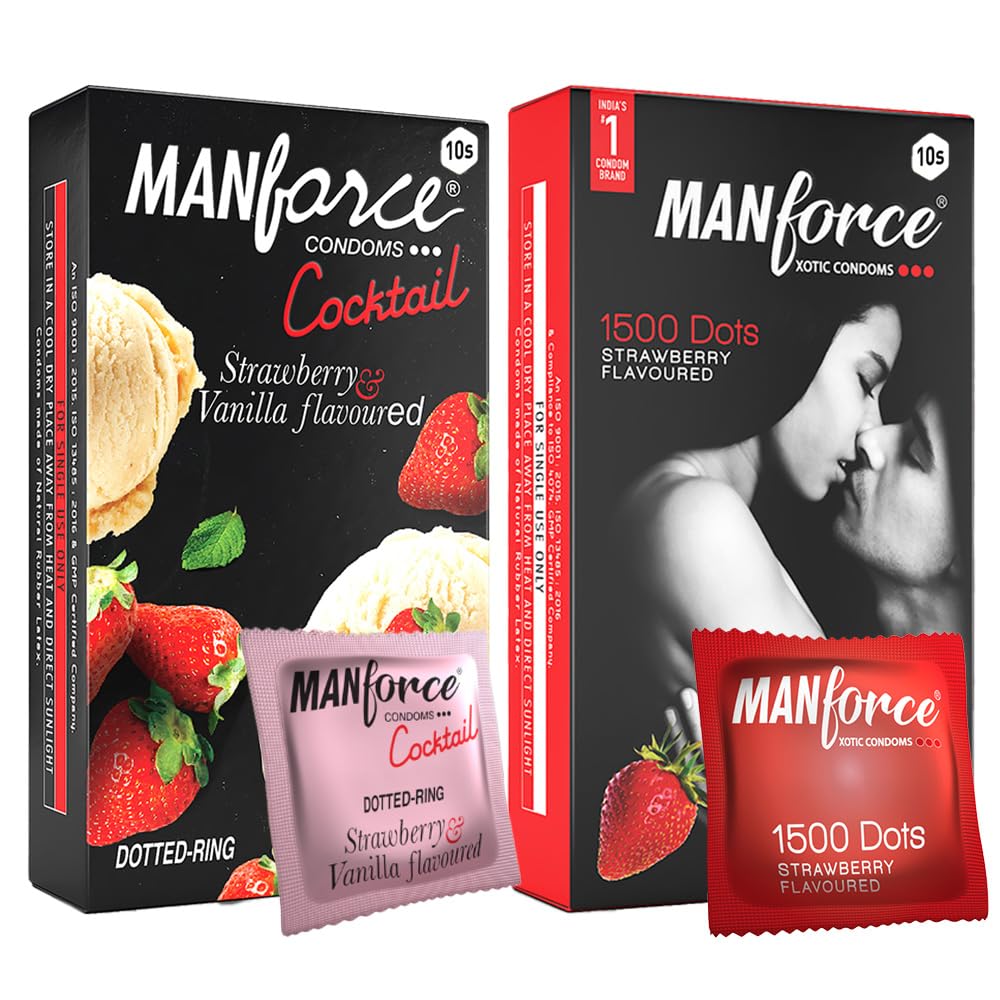 Manforce Xotic Strawberry & Cocktail Strawberry and Vanilla Flavoured Condoms for Men| 20 Count (Pack of 2)| Lubricated Latex Condoms-image-48