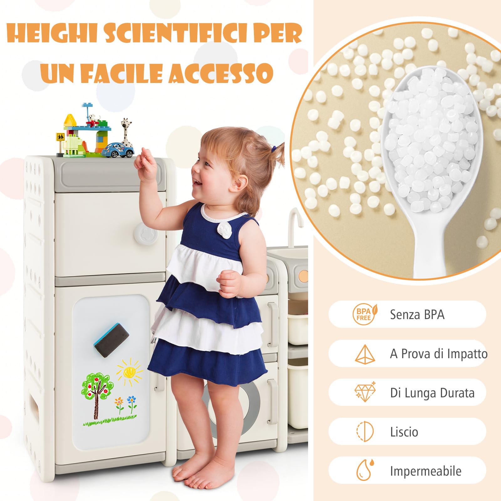 RELAX4LIFE Scaffale per Giocattoli per Bambini, Libreria per Bambini con Lavagna Magnetica, Pennarelli e Cancellino, Mobile Porta Giochi a Forma di Cucina per Asilo Nido e Cameratta