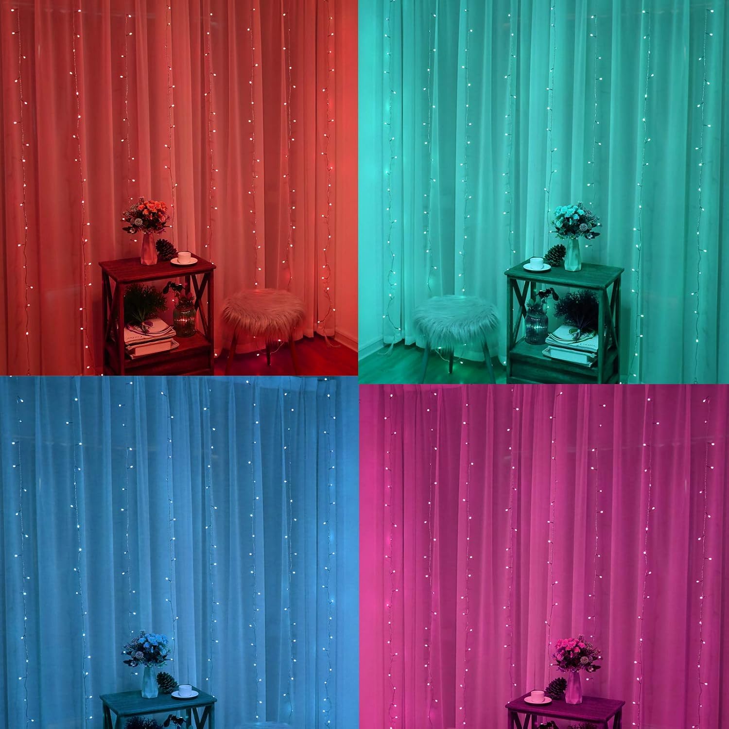 Colors Changing Curtain Lights, Connectable Colorful Backdrop Hanging Window String Lights Curtain with Remote Plug in Multicolor Blue Green Lights for Bedroom Christmas Wedding Wall Halloween Decor