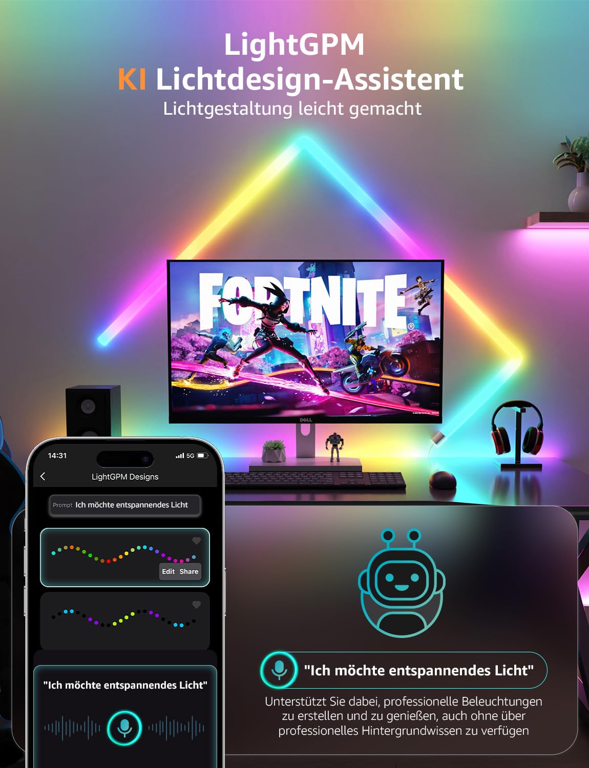 Lepro AI Glide Wall Light WL1, kompatibel mit Alexa&Google Assistant | Wandleuchte mit App-, Musik- und Sprachsteuerung, Personalisierter KI-Lichtdesigner für Gaming,Wand Deko, 8 Stück & 4 Ecke