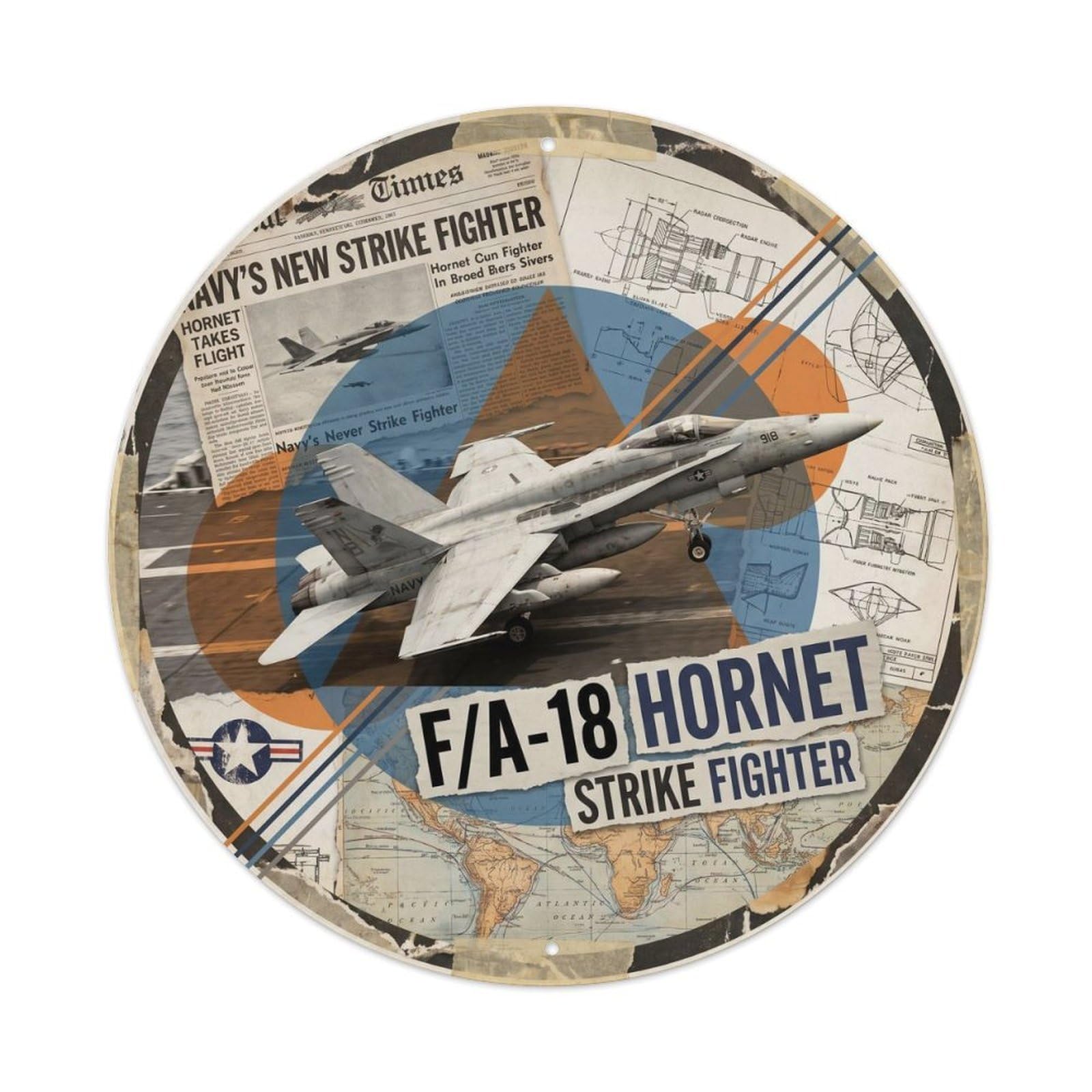 Collage FA-18 Hornet Naval Strike Fighter Jet Military Metal Tin Sign Plaque Wall Decor for Cafe, Man Cave, Club Bar, Office, Home Garden Round Metal Poster 8x8Inch