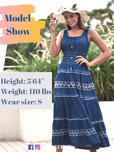 Miniatura 3 de DREFBUFY - Vestido largo para verano, sin mangas, acampanado, de mezclilla y algodón, azul, estilo casual y bohemio, para mujer