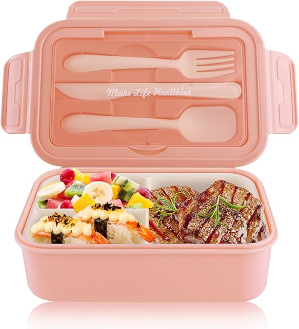 Uliya Bento Lunch Box Adults Kids 1400ML Containers with 3 Compartments Sandwich Box Leakproof BPA Free Bento Box with Spoon Fork Set for Work School Microwave Dishwasher Freezer Safe, Pink