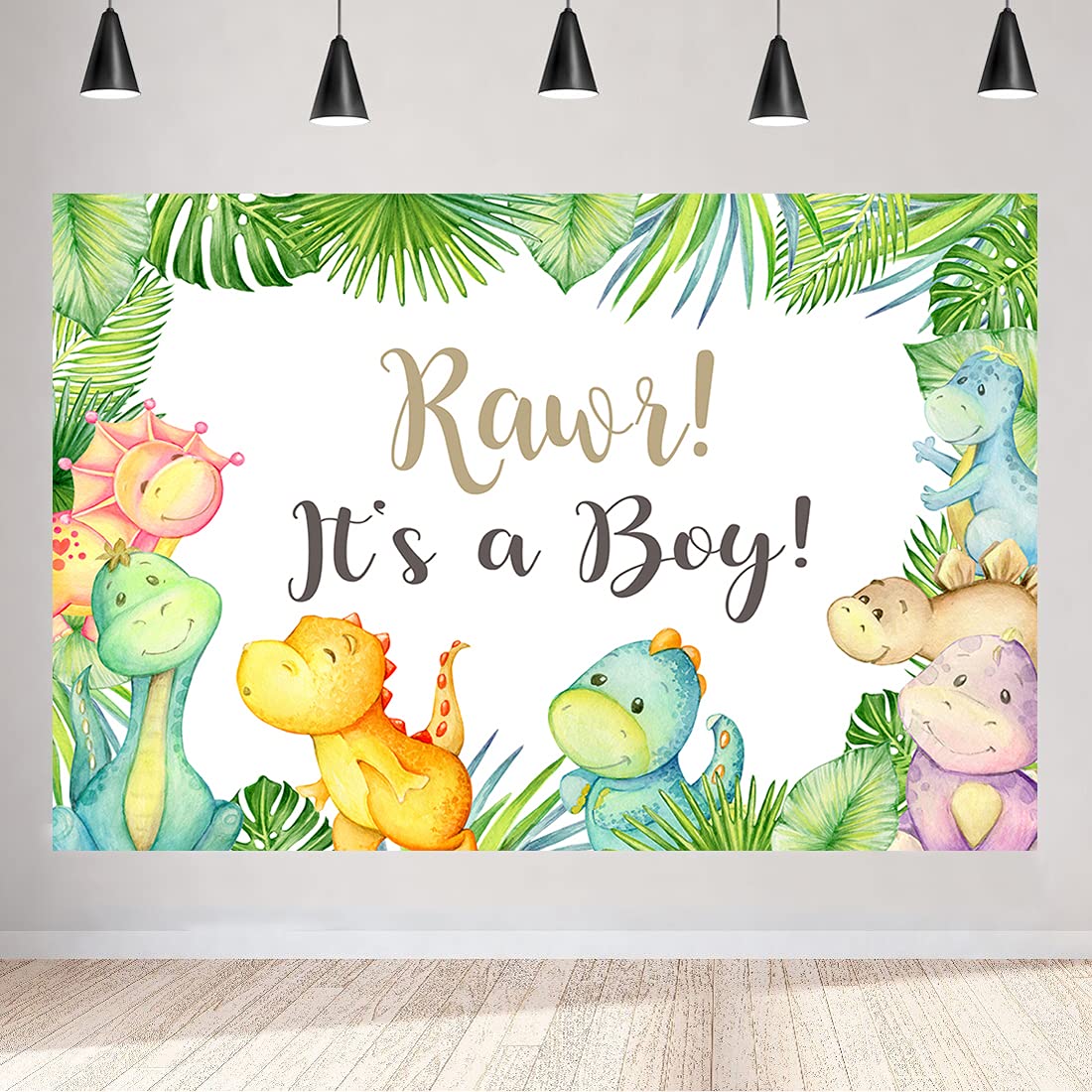 Aperturee Dinosaur It's a boy Baby Shower Backdrop 5x3ft Oh Boy Tropical Palm Leaves Jungle Photography Background Kids Newborn Cake Table Banner