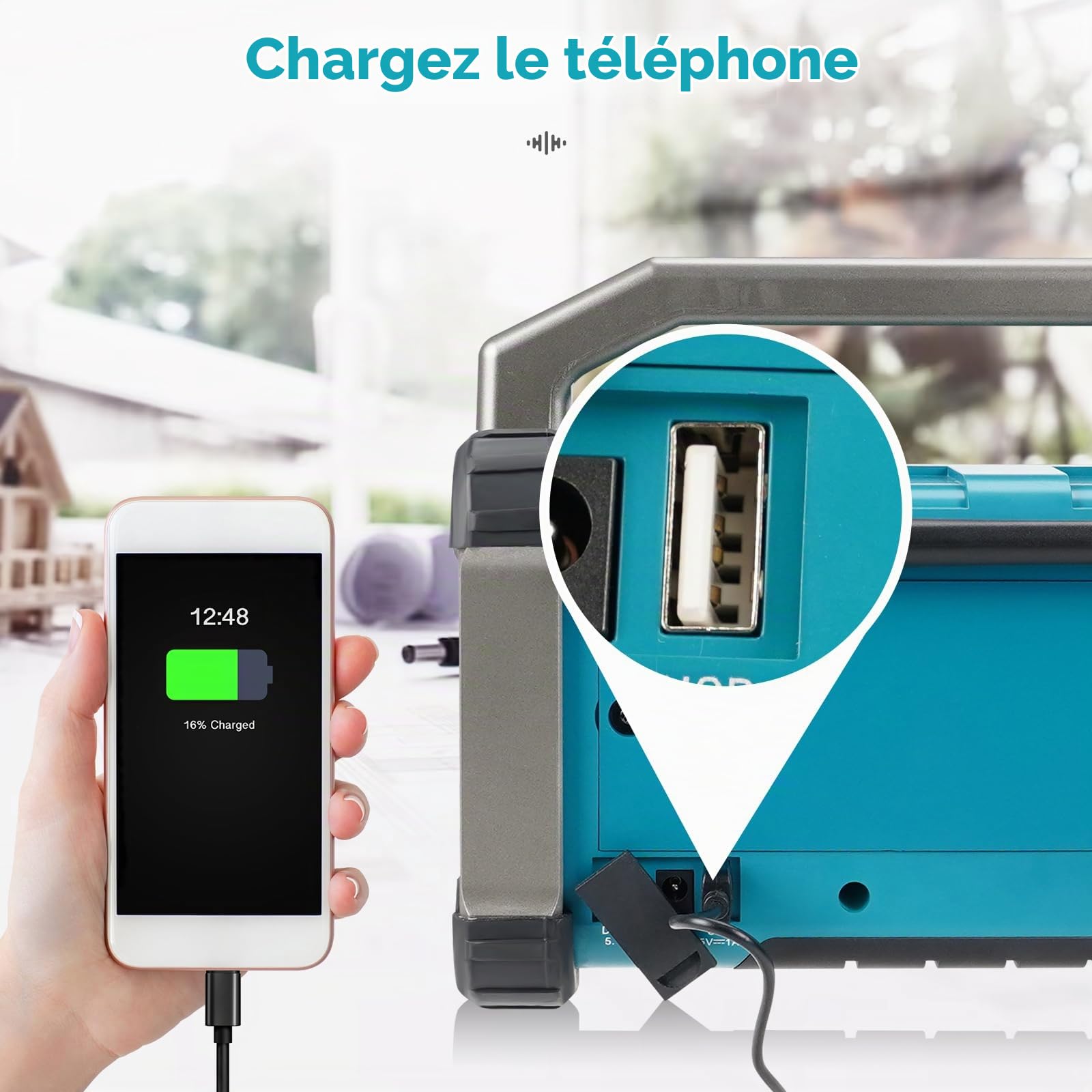 Retekess TR637 Radio de Chantier, Radios Portable | pour Chantier, Poste de Travail, FM/AM, 5000mAh Batterie, Étanche, Résistant aux Chutes, Port USB, Poignée