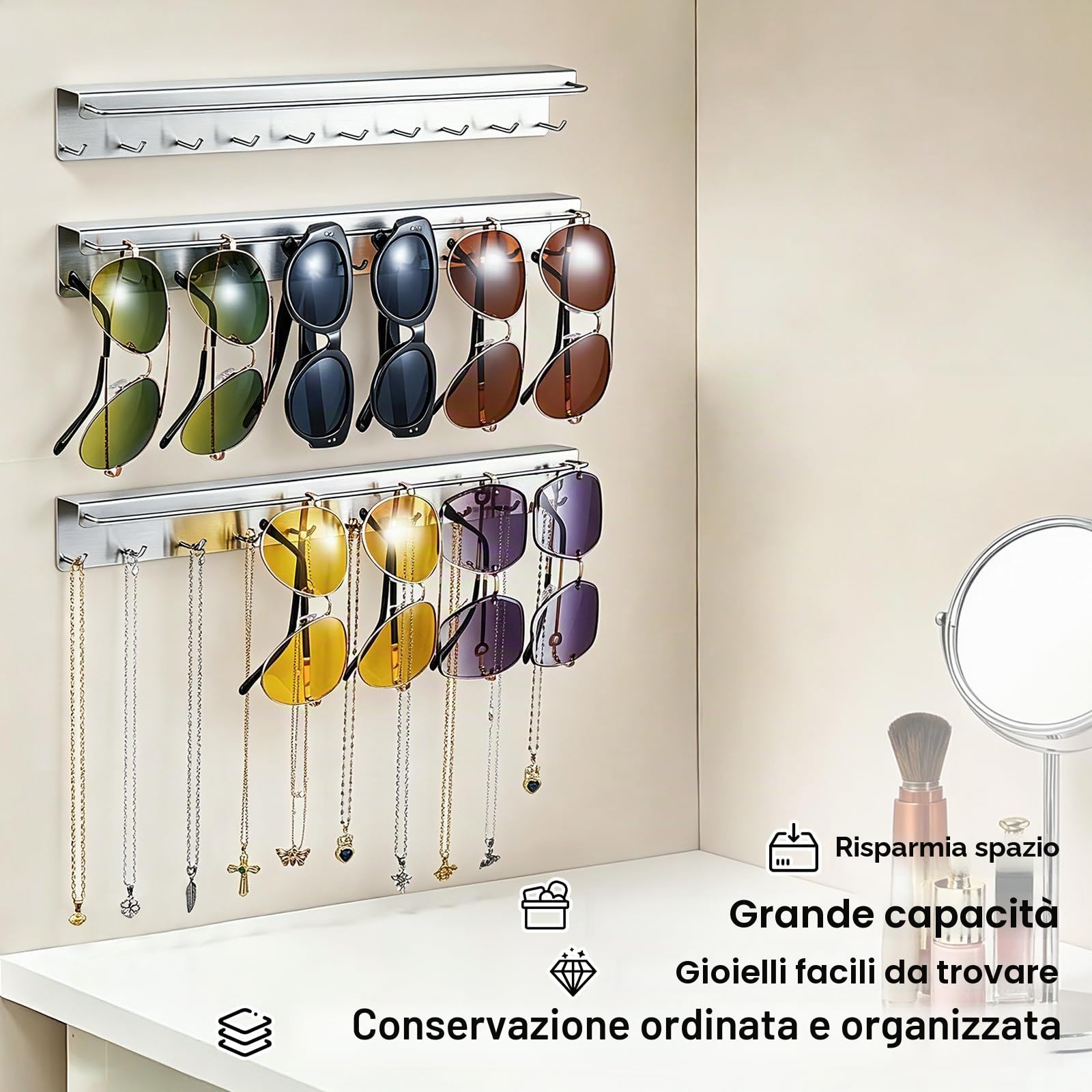 2 Pezzi Porta Collane da Parete, Espositore Gioielli per Collane, Bracciali e Orecchini, Porta Gioielli da Appendere con 20 Ganci, porta Occhiali, Organizer occhiali Da sole (Argento)