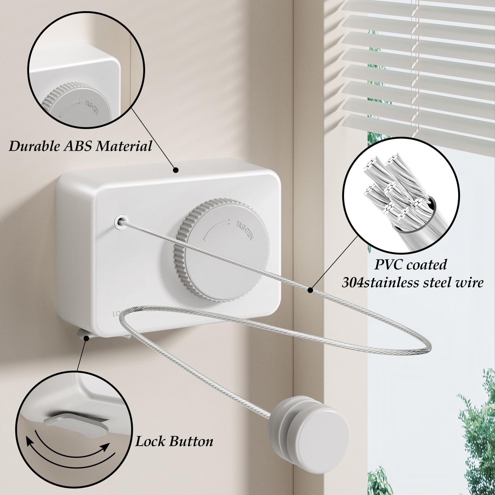 Danpoo Retractable Washing Line Outdoor, Wall Mounted Clothes Lines for Outside Extendable Washing Line Indoor,White - Image 2