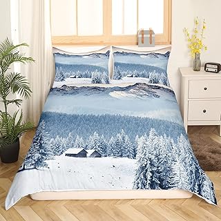 Snow Mountain Bedding Set Queen,Winter Snow Scene Comforter Cover for Boys Girls,Kids 3D Cedar Duvet Cover Set Natural Bedspread Cover Fashion Teens Bedroom Decor 3 Pcs Bed Collection