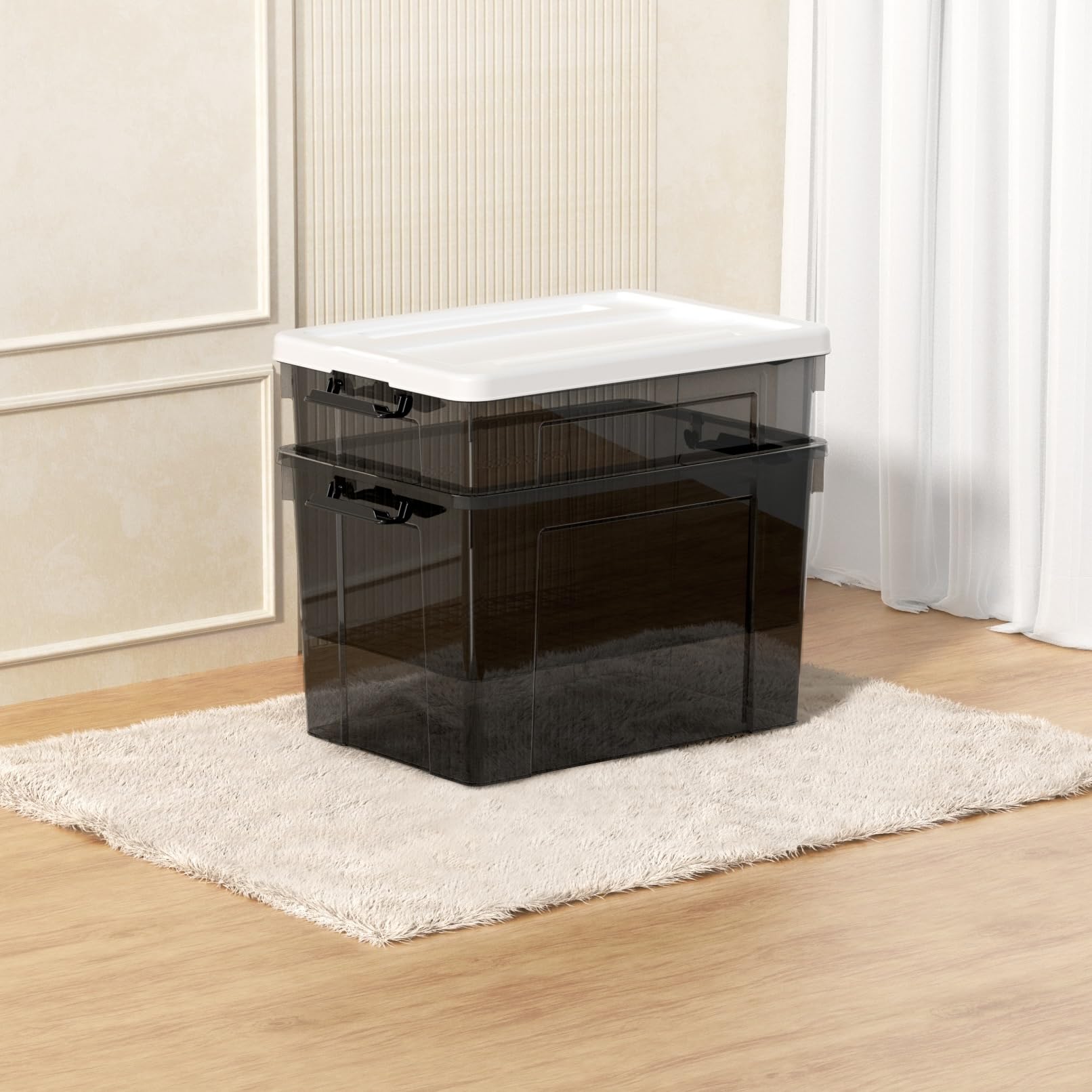 Cetomo 90L*3 Scatole di Stoccaggio in Plastica, Scatole Portaoggetti con Coperchio, Organizzatore, Contenitori per Casa e Ufficio, Impilabile, Resistente, Nero Chiaro, 90L - Confezione da 3