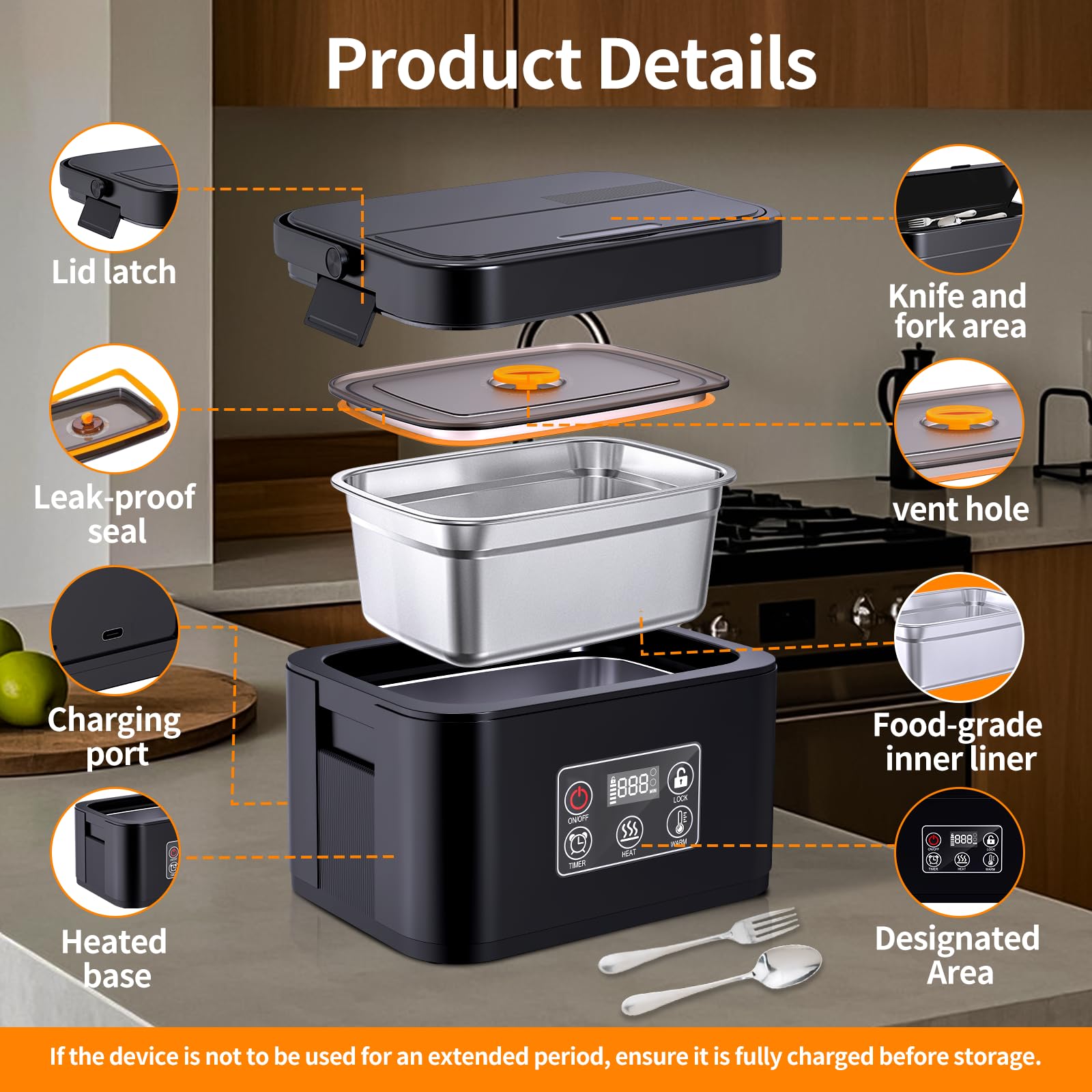 Contenitore per il pranzo elettrico senza fili, riscaldato, alimentato a batteria, riscaldamento automatico, 1,5 l, portatile, per esterni, auto, camion, lavoro, viaggi
