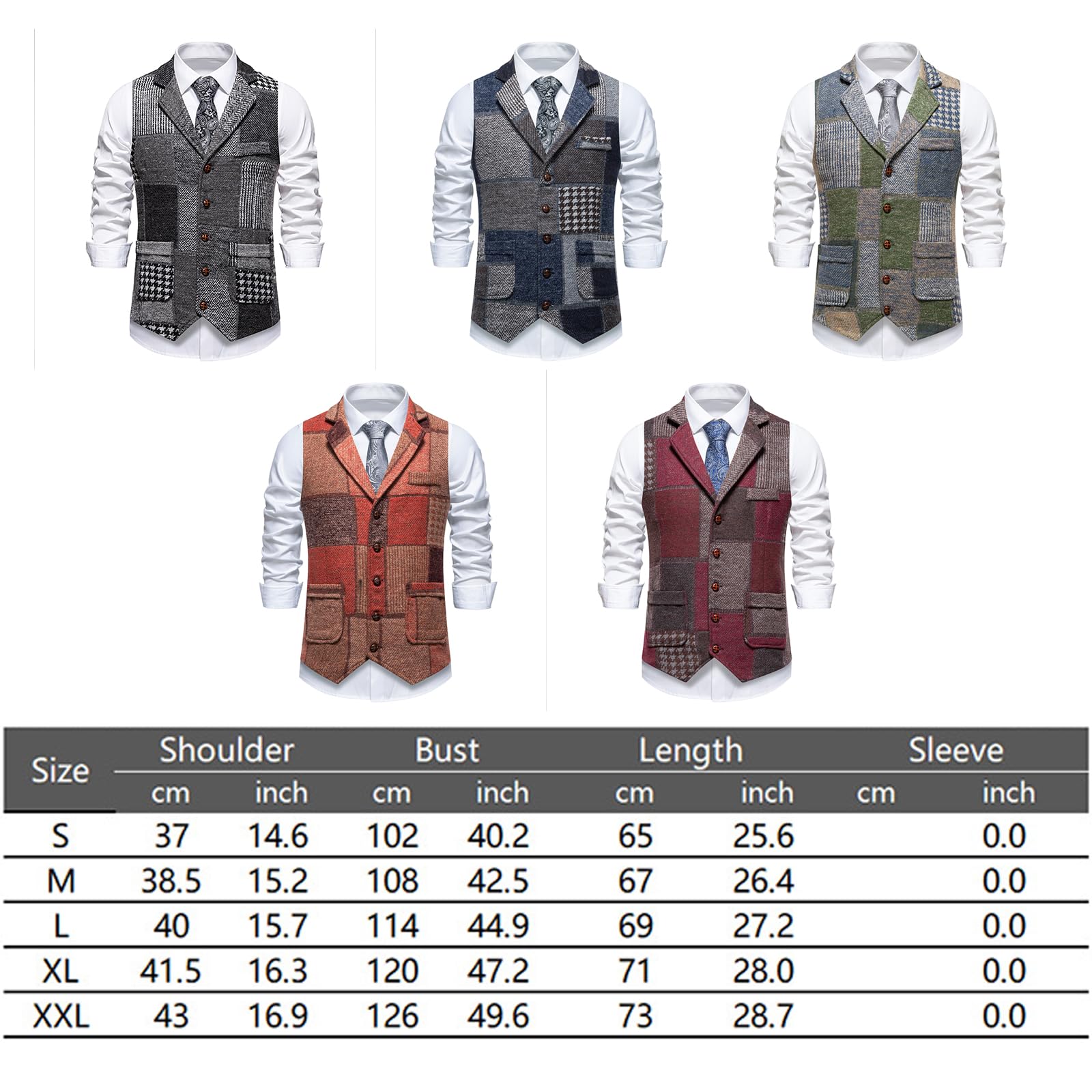 MakingDa Chaleco de traje para hombre, casual, vintage, patchwork, ajustado, cuello en V, con bolsillo
