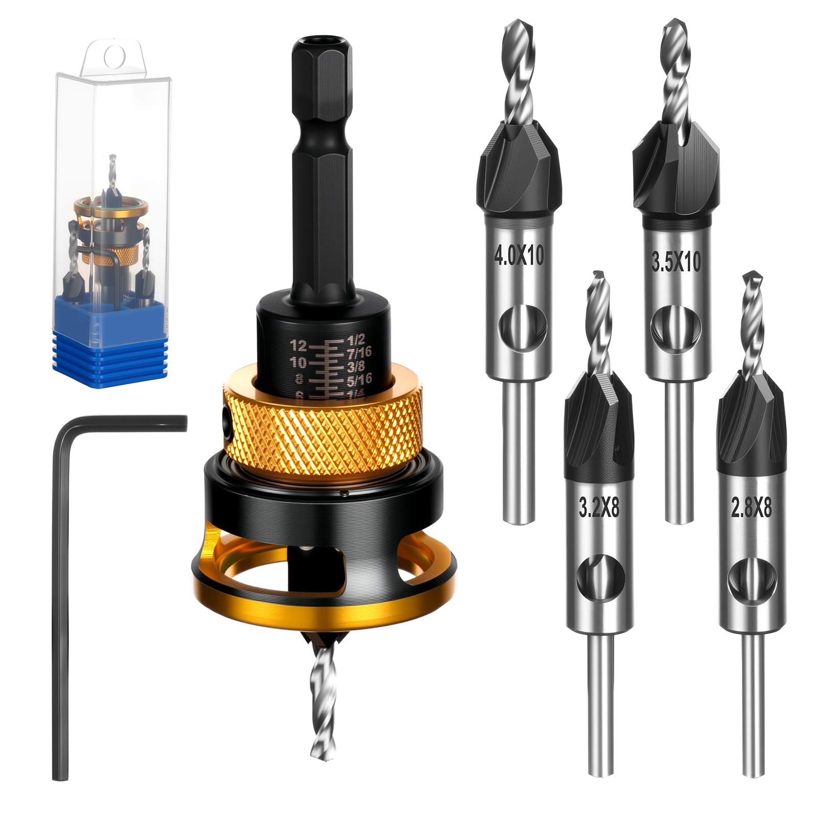 Juego de 6 Broca Avellanadora para Madera con Tope de Profundidad, Diámetro 2.8/3.2/3.5/4 mm,con Llave Hexagonal y Vástago de Broca de 1/4 de Pulgada,para Carpintería y Bricolaje(Oro)