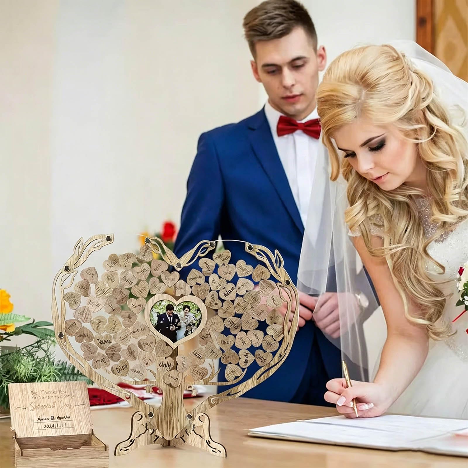 Libro de firmas con marco de fotos de corazón, placas de firma de boda con corazones de madera para exhibición de mesa, libro de invitados de boda de madera