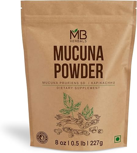 MB Herbals Polvo de Mucuna Pruriens | 8 onzas (0.5 libras) | Polvo de semilla de mucosa blanca | 100% puro y natural, sin OMG, suplemento de hierbas