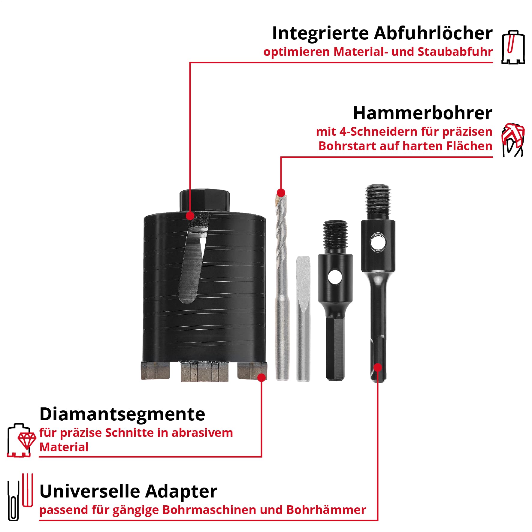 Original Einhell Diamant-Hohlbohrkrone Ø 68 mm (Diamantsegmente, effiziente Staubabfuhr, Adapter, exakte Bohrführung, SDS-Plus Schaft)