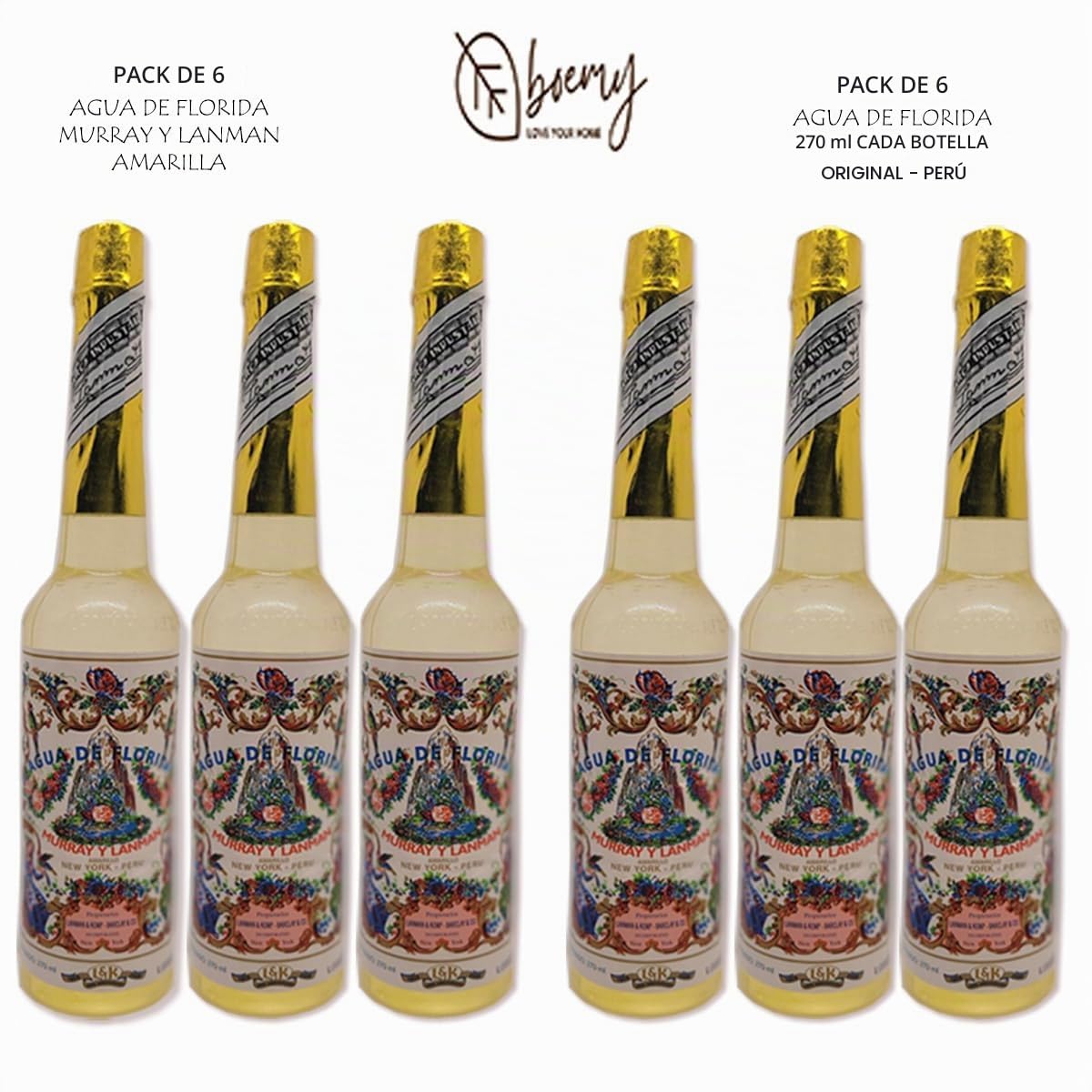 Agua Florida Peruana | Murray y LanMan | Pack de 6 Botellas de Agua Florida del Perú | Amarilla - Original 270 Ml. C/u | | 6 Botellas de Agua Florida de 270 ml + 2 Dosificadores de Spray