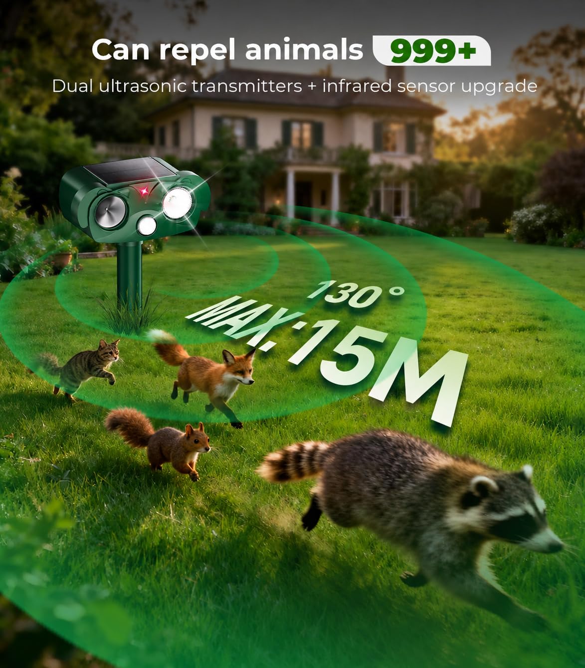 9.0 Nr. 1 Katzenschreck für Gärten UK 【100% stoppt Katzen – 15m militärische Erkennung】6 Modi【99,99% Effizienz – 1440h Solartest】Fuchsschreck für Gärten UK zur Abwehr von Katzen, Füchsen (grün)