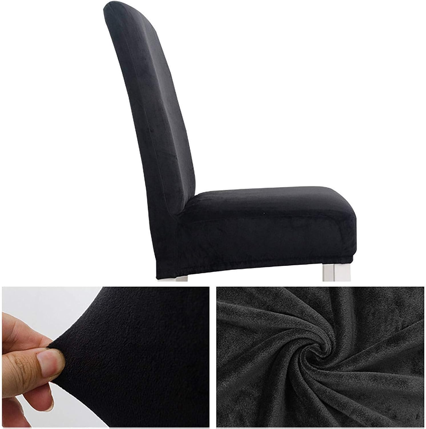 Velvet Stretch Chair Covers for Dining Room - Removable, Washable Universal Protector - Set of 4 Black Covers for Hotel, Kitchen & Dining Chairs