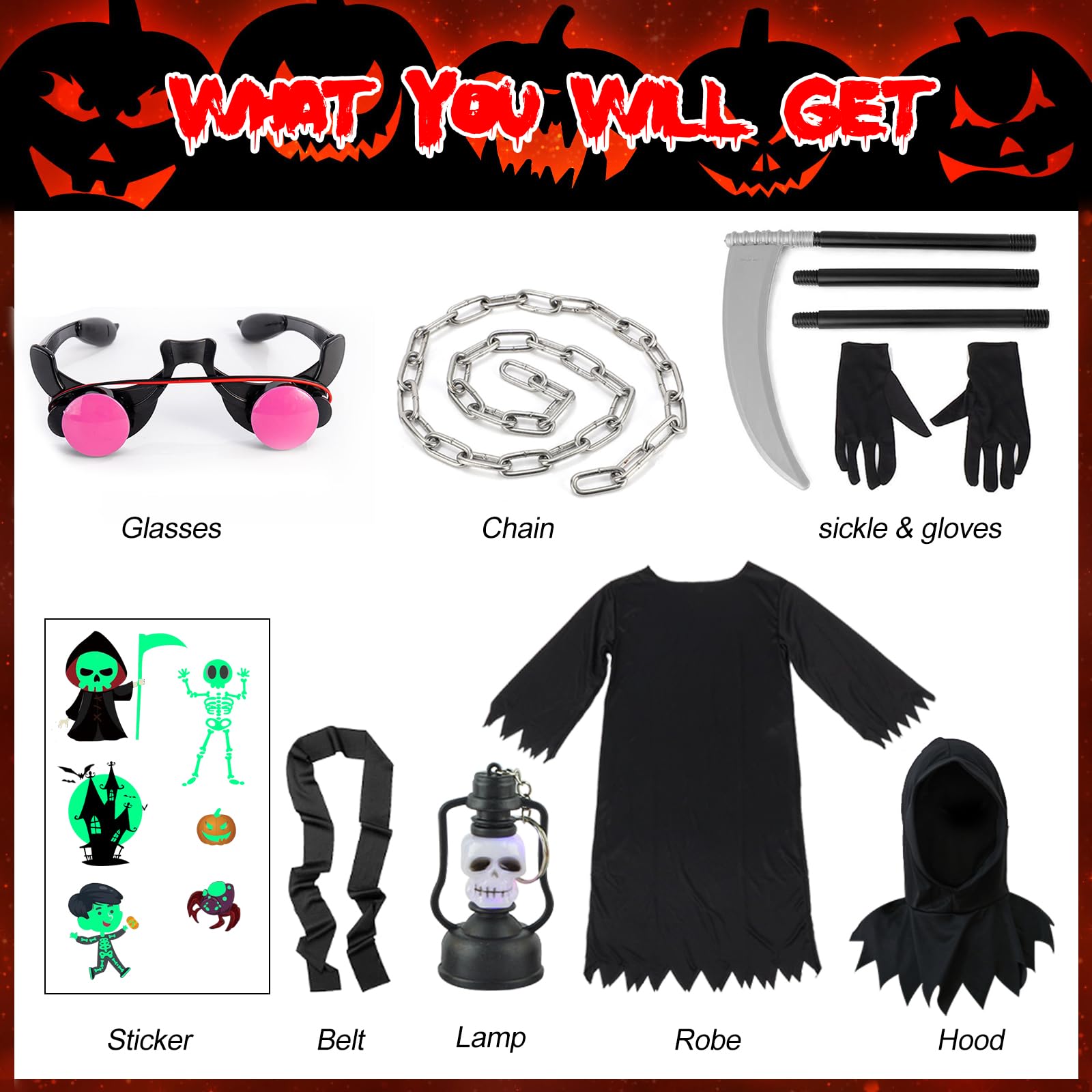 Halloween Grim Reaper Costume Kids Boys 10-11 11-12 Grim Reaper Cloak Black Cape Grim Reaper Scythe Halloween Kids Death Costume Ghost Face Robe Grim Reaper Gloves Glowing Eyes Grim Reaper Accessories - Image 3